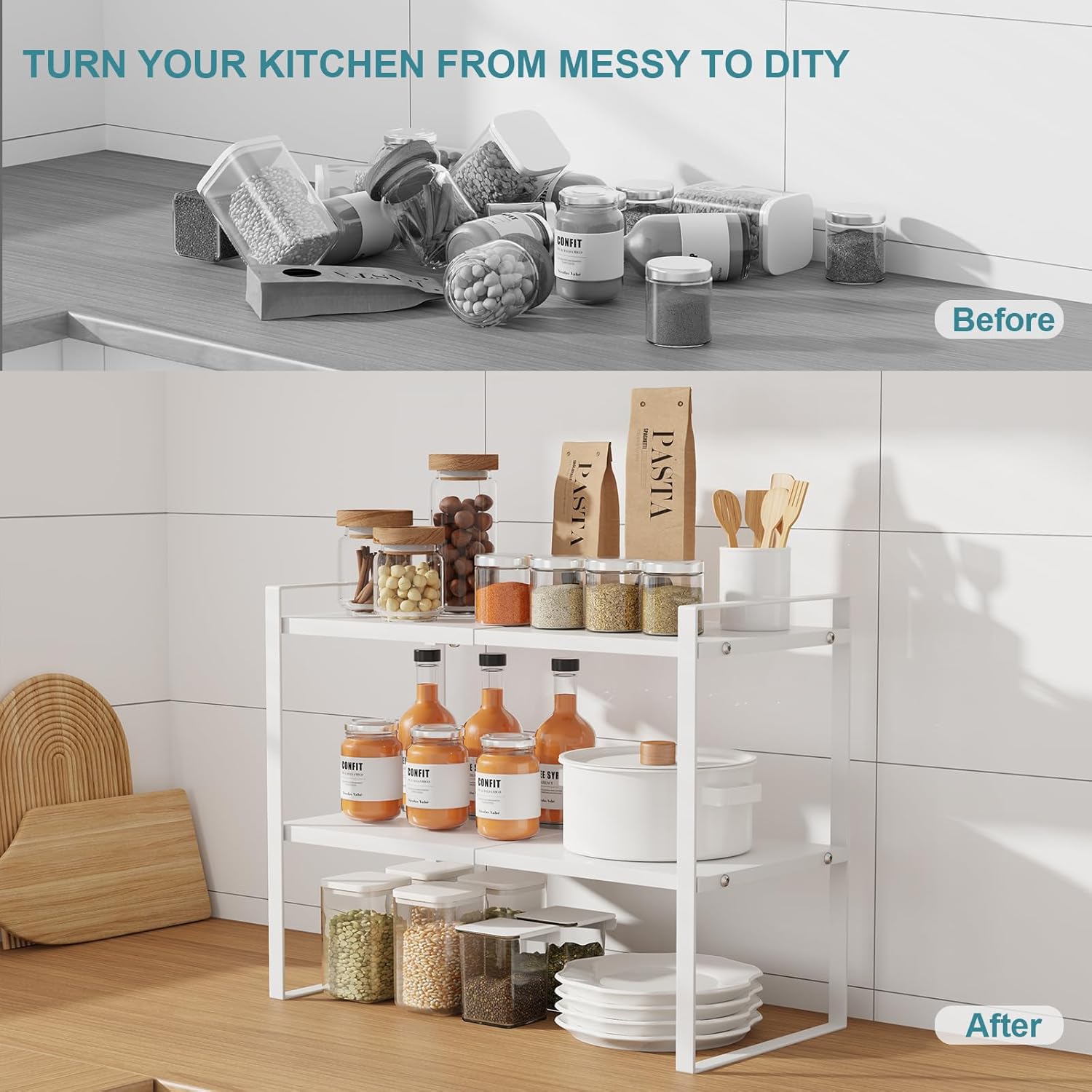 2 Tier Cabinet Shelf Expandable Cupboard Under Sink Countertop Organizer Riser Rack for Kitchen Pantry Home Organization Extra Storage Space Saver Heavy Duty