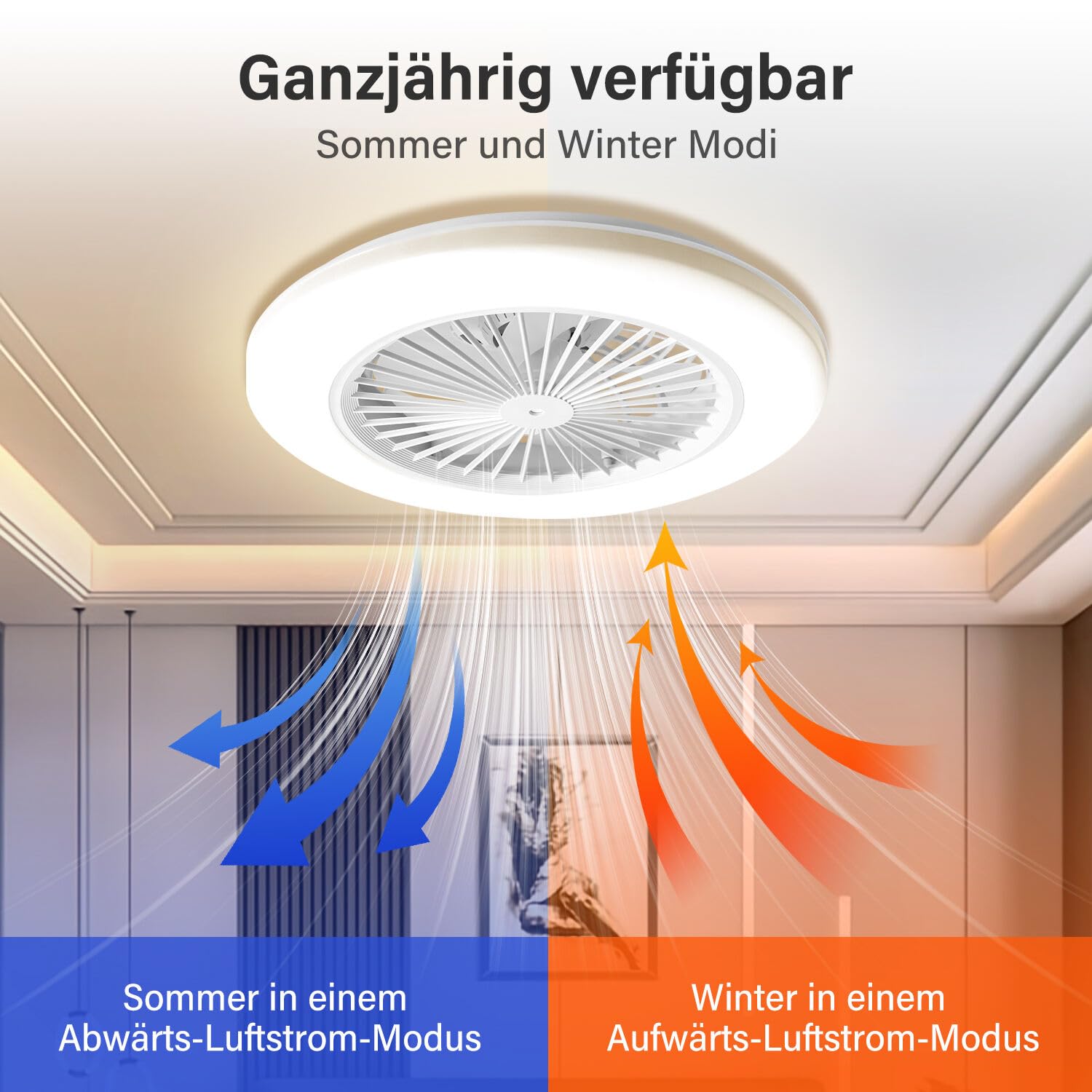 Deckenventilator Mit Beleuchtung, Smart RGB LED Fan Licht, φ50cm Deckenleuchte mit Ventilator, dimmbar, App und Fernbedienung, 6-Gang, 3 Farbtemperatur, Timer, Sommer/Wintermodus