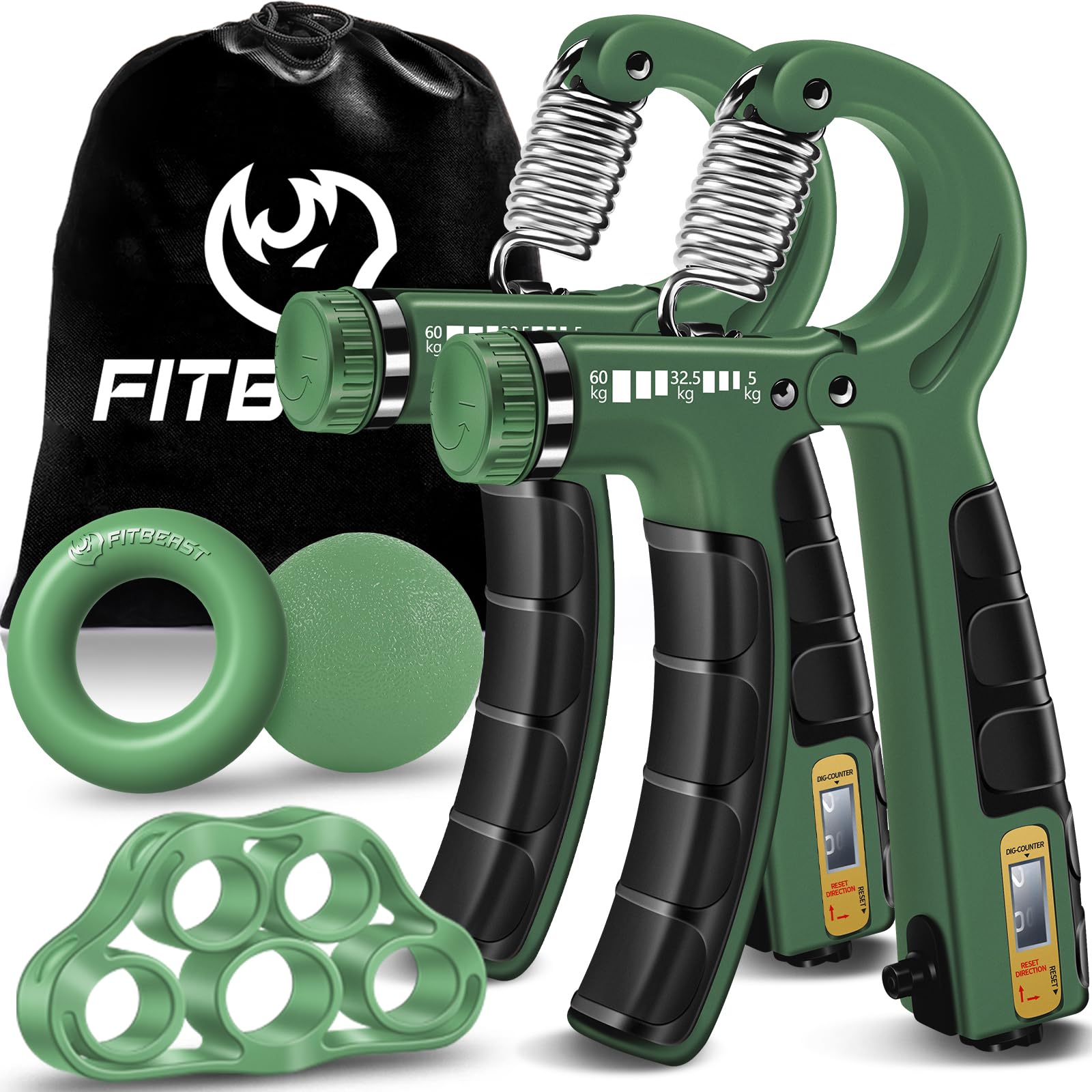 FitBeast Handtrainer Trainingsset (5-teilig), 2 Unterarmgriff Einstellbare Widerstand Handgreifer, Fingerdehner, Griffball & Stressabbau-Griffball für Athleten