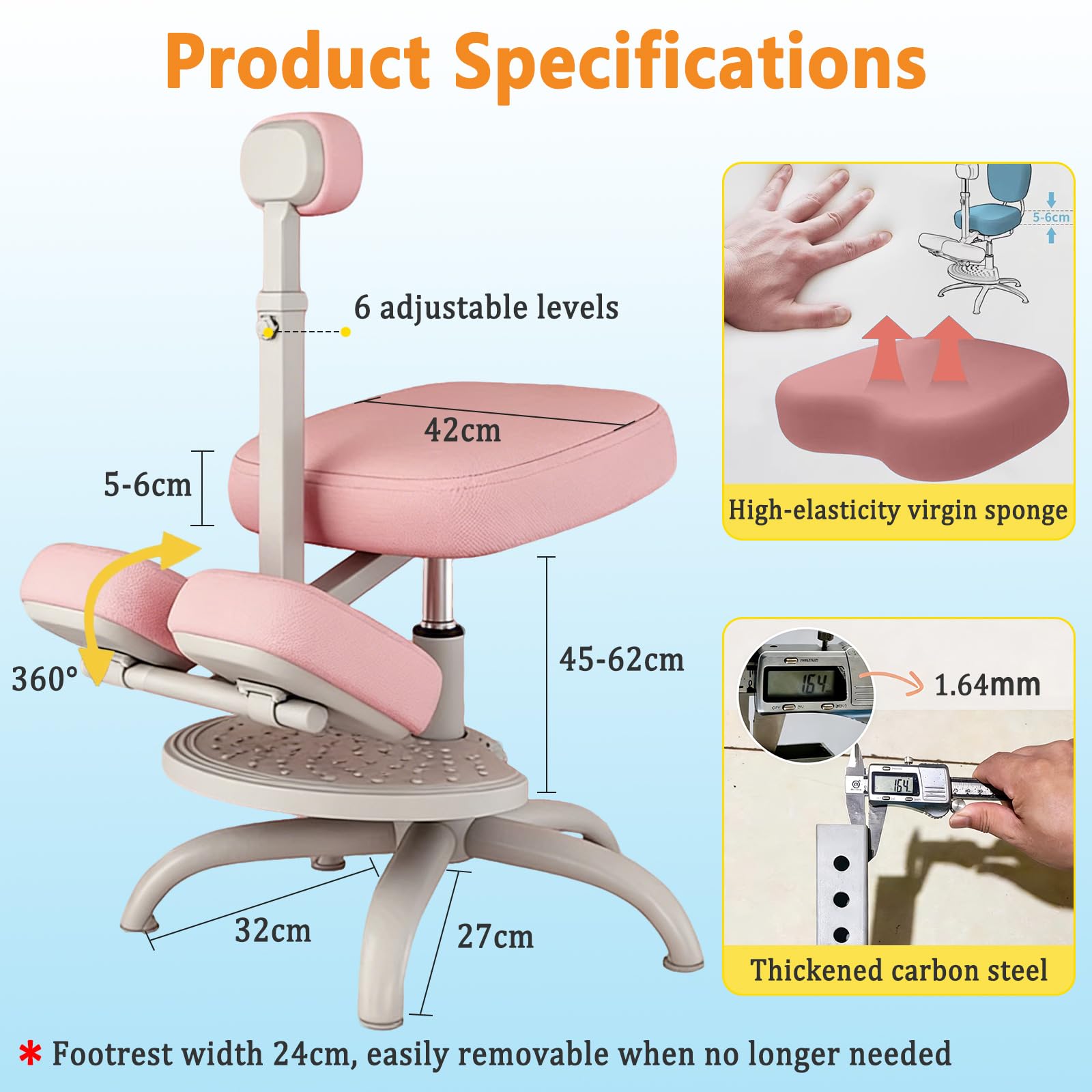 Sillas Ergonómicas de Rodillas Sillas de Escritorio Infantiles Sillas de Escritorio de Oficina con Rodillera Girada 360 ° para Que Los Niños Estudio