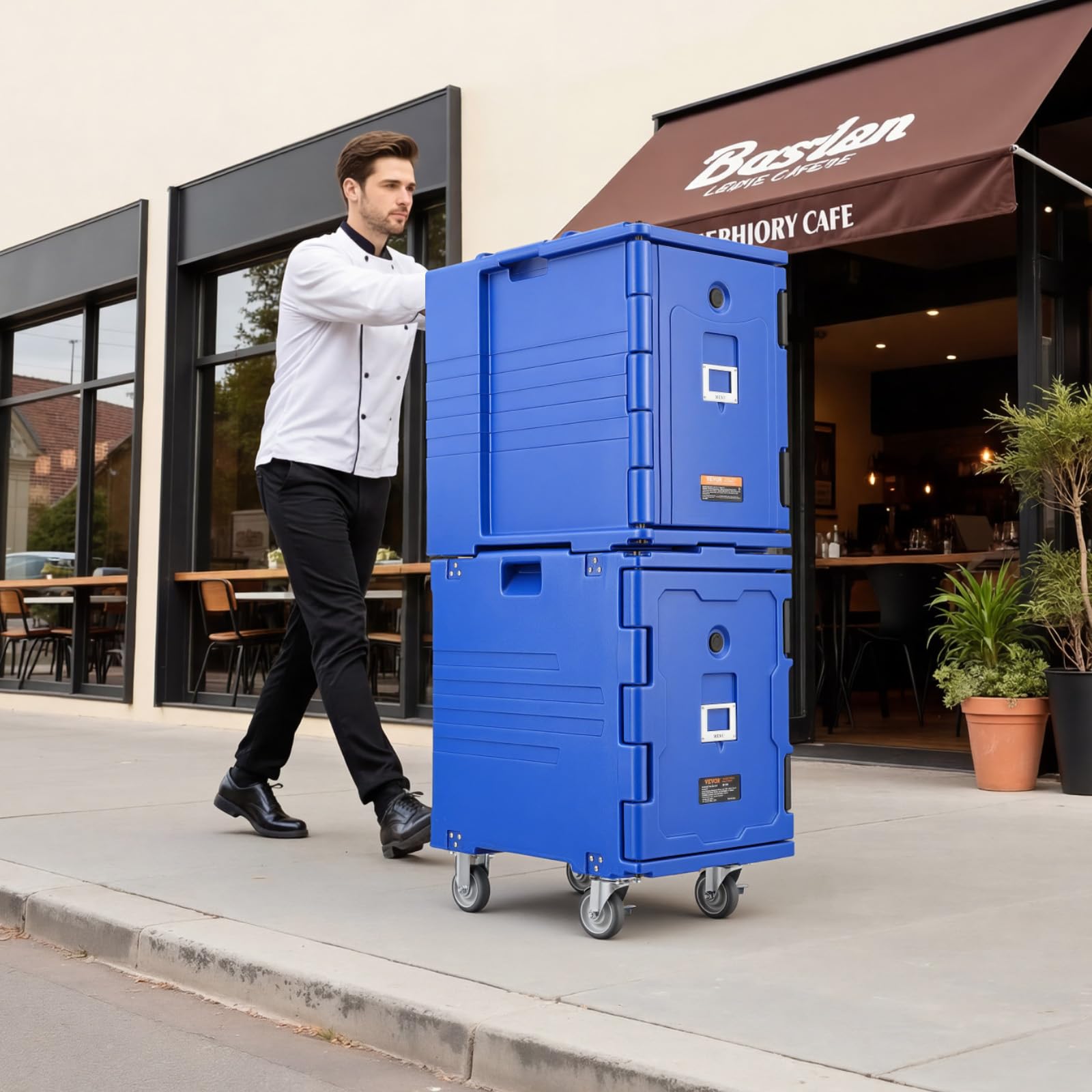 VEVOR Conteneur Isotherme sur Roulettes 90 L, Boîte de Transport en LLDPE à Chargement Frontal avec Poignées, pour Garder au Chaud ou Froid Traiteur Restauration Restaurant Cantine 447x625x755 mm