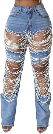 Womens Jeans Straight Leg High Waisted Ripped Pearl Beaded Jeans Chain Boyfried Denim Pants