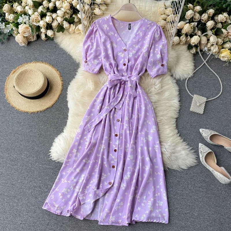 Gufrina Dresses For Women Half Sleeve || Floral Print || V-Neck And Puff Sleeves || Front Open Button & Tie-Up || Midi Dress (Lavender S)