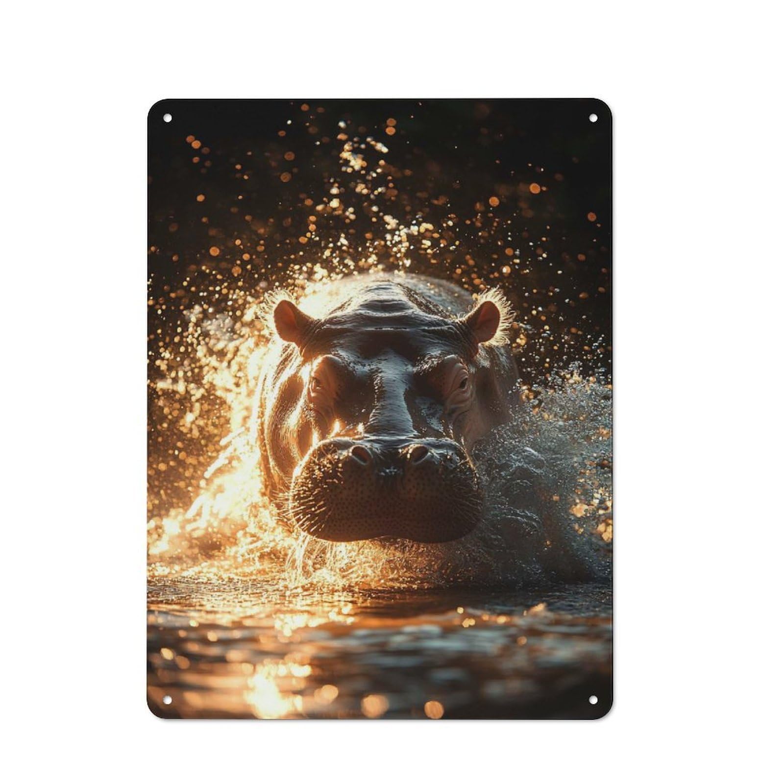 Classic Hippopotamus Emerging from Water at Sunset Metal Wall Sign 40x30cm, Pub Wall Decor for Diner, Restaurant, Shed Or Kitchen