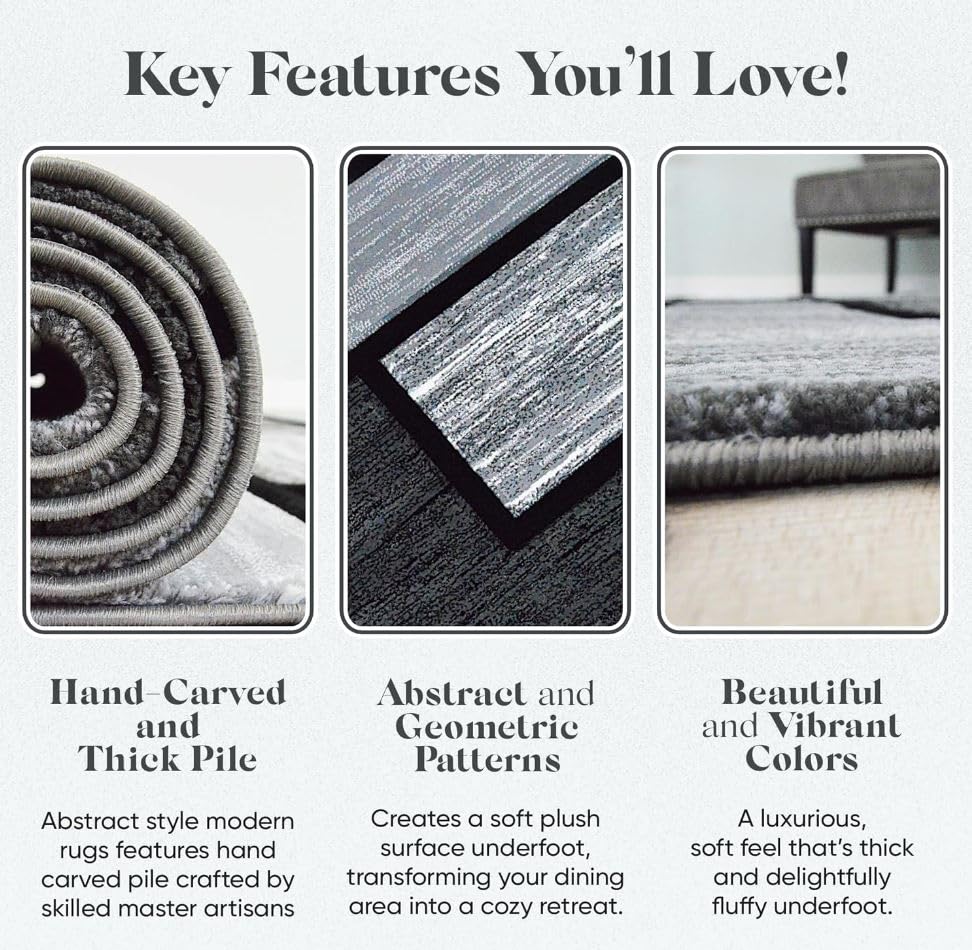 Image of Modern 5x7 Grey-Black Square Geometric Living Room Rug - Area Rugs for Living Room Dining & Bedroom - Hand Carved Runner Carpet - Durable Polyester - Non-Fade Stain-Resistant - Turkish Made