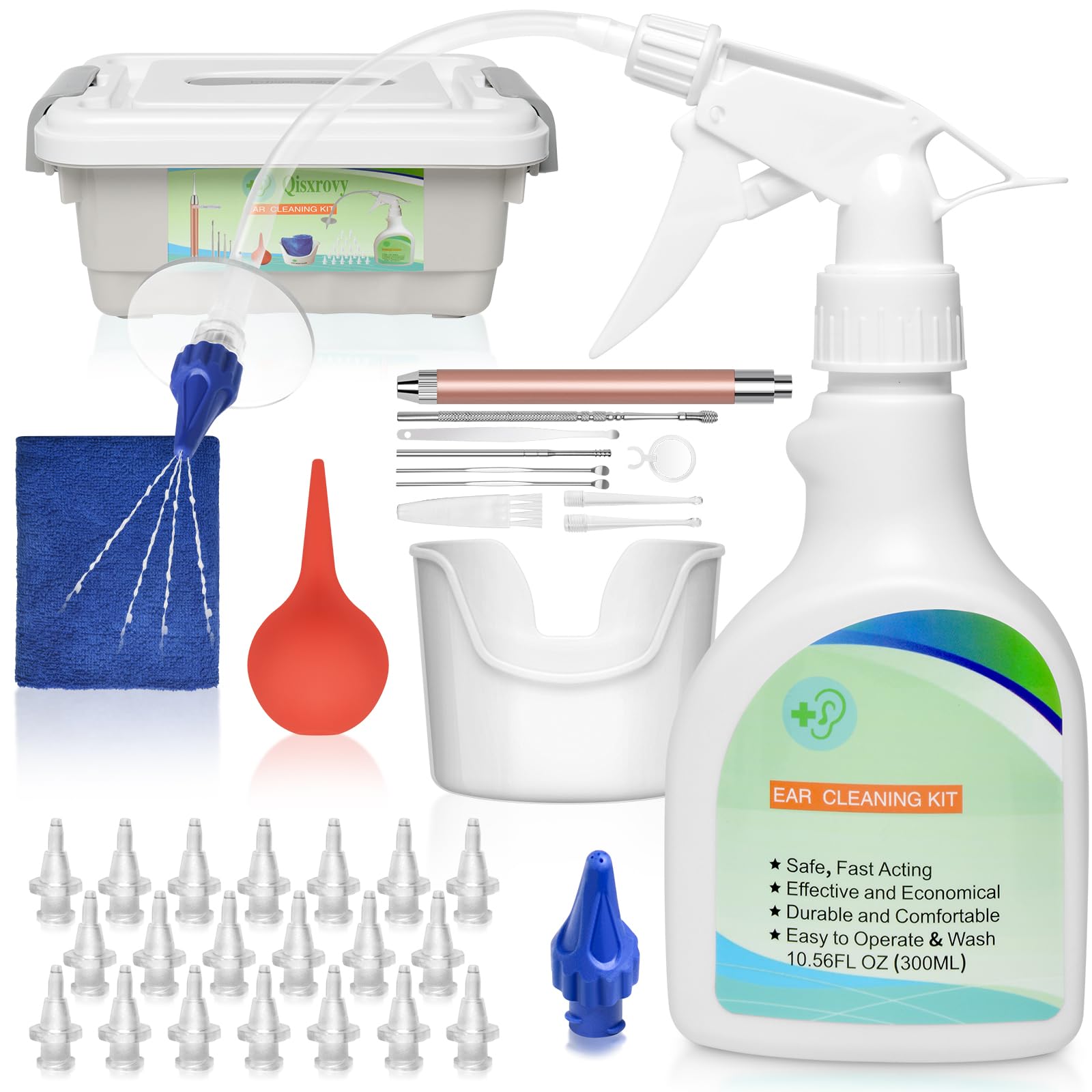 Family-Size Ear Wax Removal Kit - Complete Ear Irrigation Flushing System with LED Otoscope, 19 Disposable Tips, SoftSpray Nozzles & Ear Wash Basin - Safe Ear Cleaner for Adults & Kid