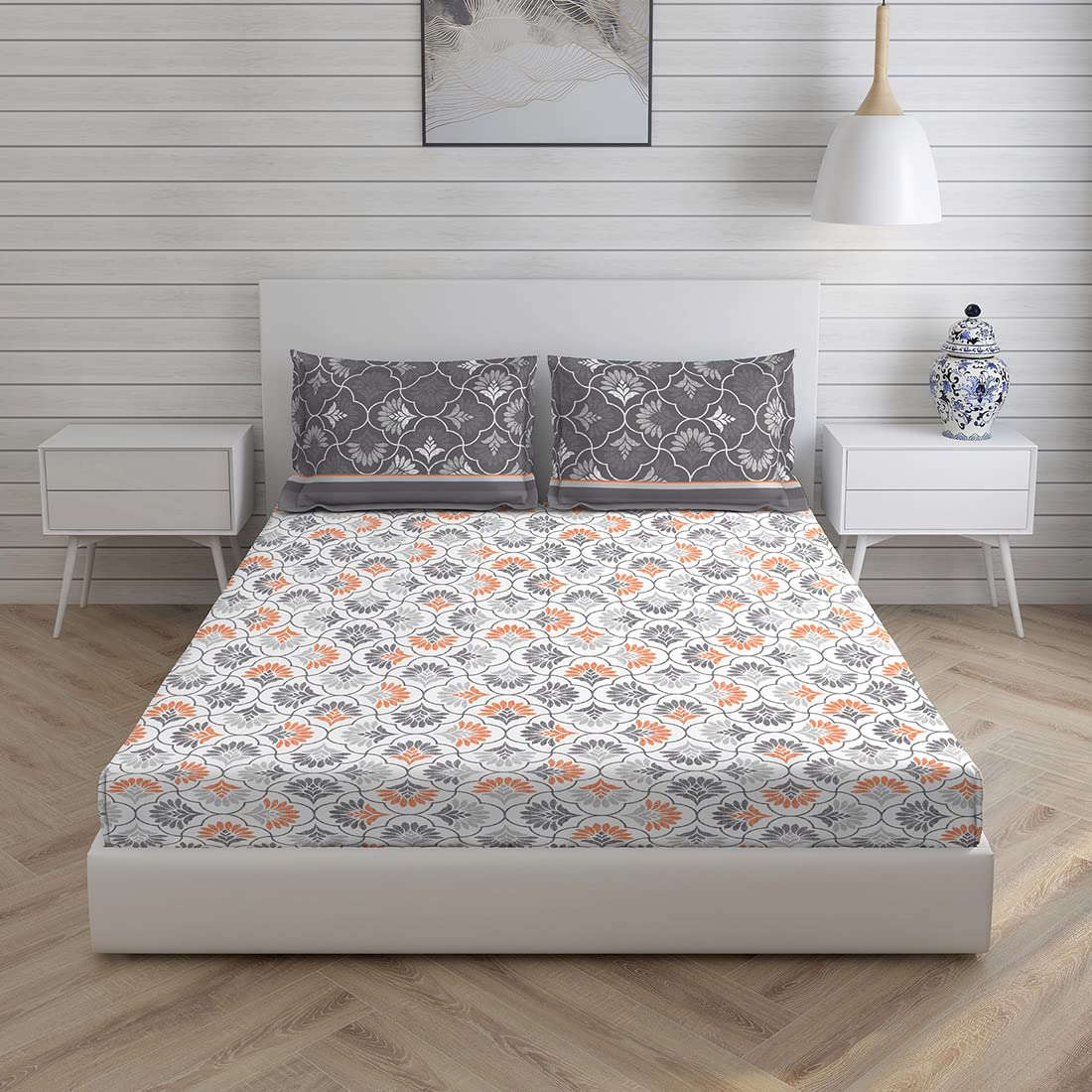 Layers Cotton Rich Bedsheet for Double Bed Queen Size with Pillow Cover Set, 225 TC (Grey Yellow, Ornamental Pattern) Siena Collection, Light Weight, Moisture Absorbent, All Season Comfort