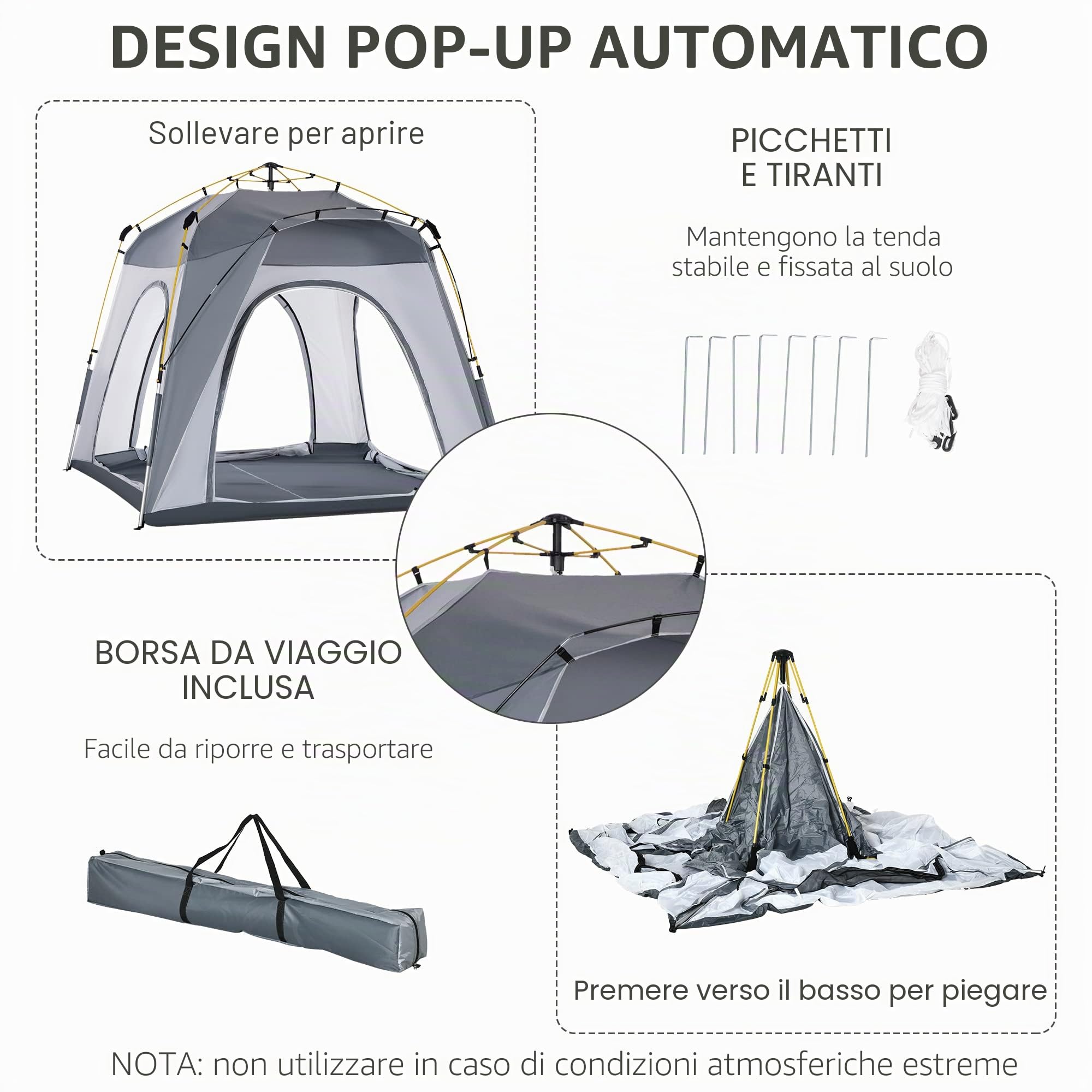 Outsunny - Tenda da campeggio per famiglie, 4 persone, montaggio istantaneo Pop-up 4 finestre, parasole, dim. 2,4 x 2,4 x 1,99 H m fibra di vetro poliestere