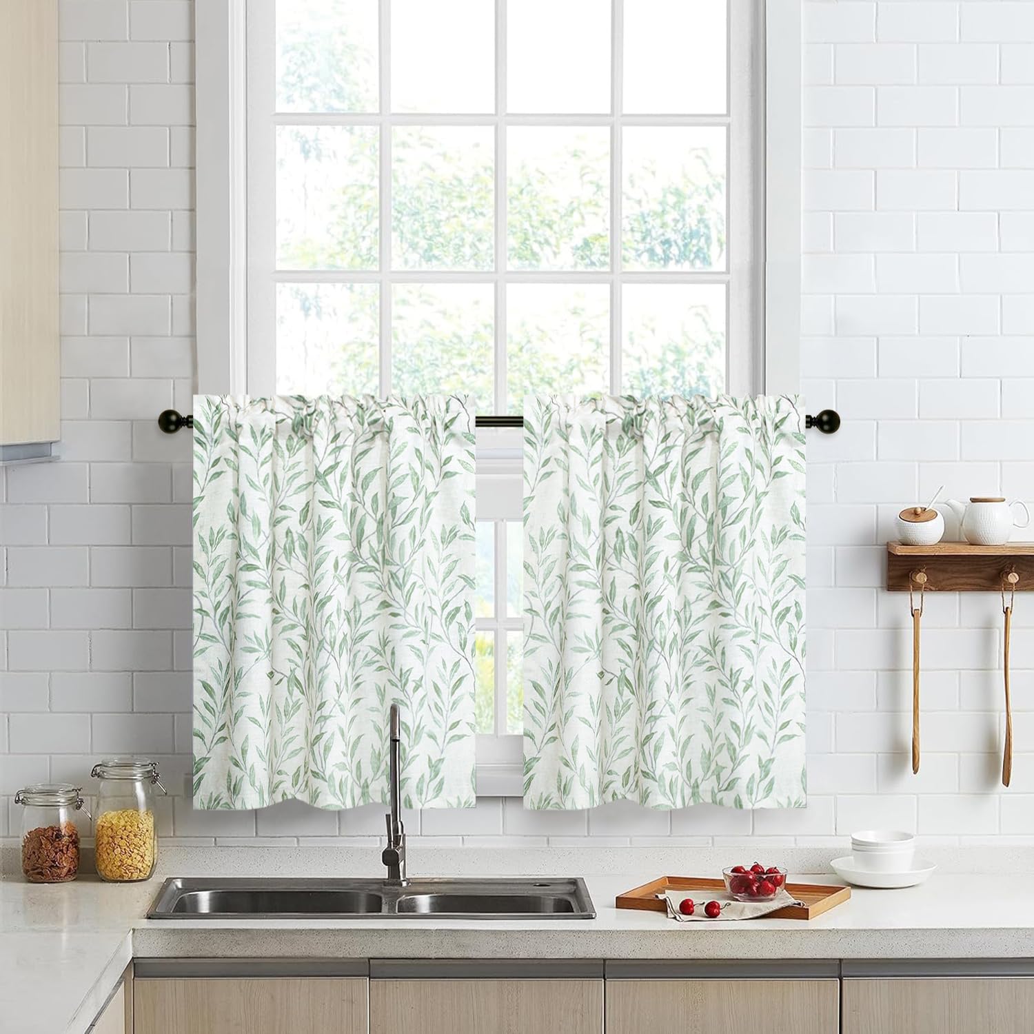VOGOL Kitchen Curtains 30 Inch Length, Green Leaves Print Linen Texture Short Tier Curtains Rod Pocket Valances for Dining Room, 30x30, 2 Panels