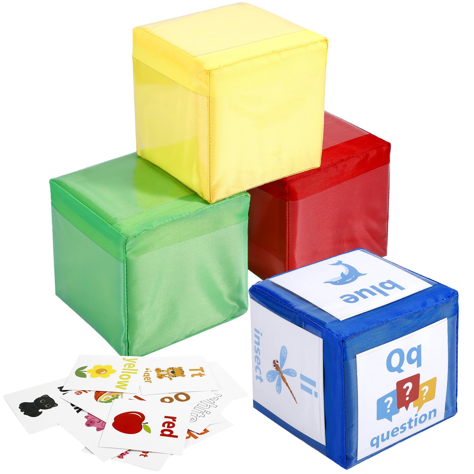 4 Pcs Pocket Dice and 46 Pcs Flash Card Set, Education Playing Game Dice with Number Color Alphabet Card DIY Photo Soft Pocket Cubes for Classroom Education Toys