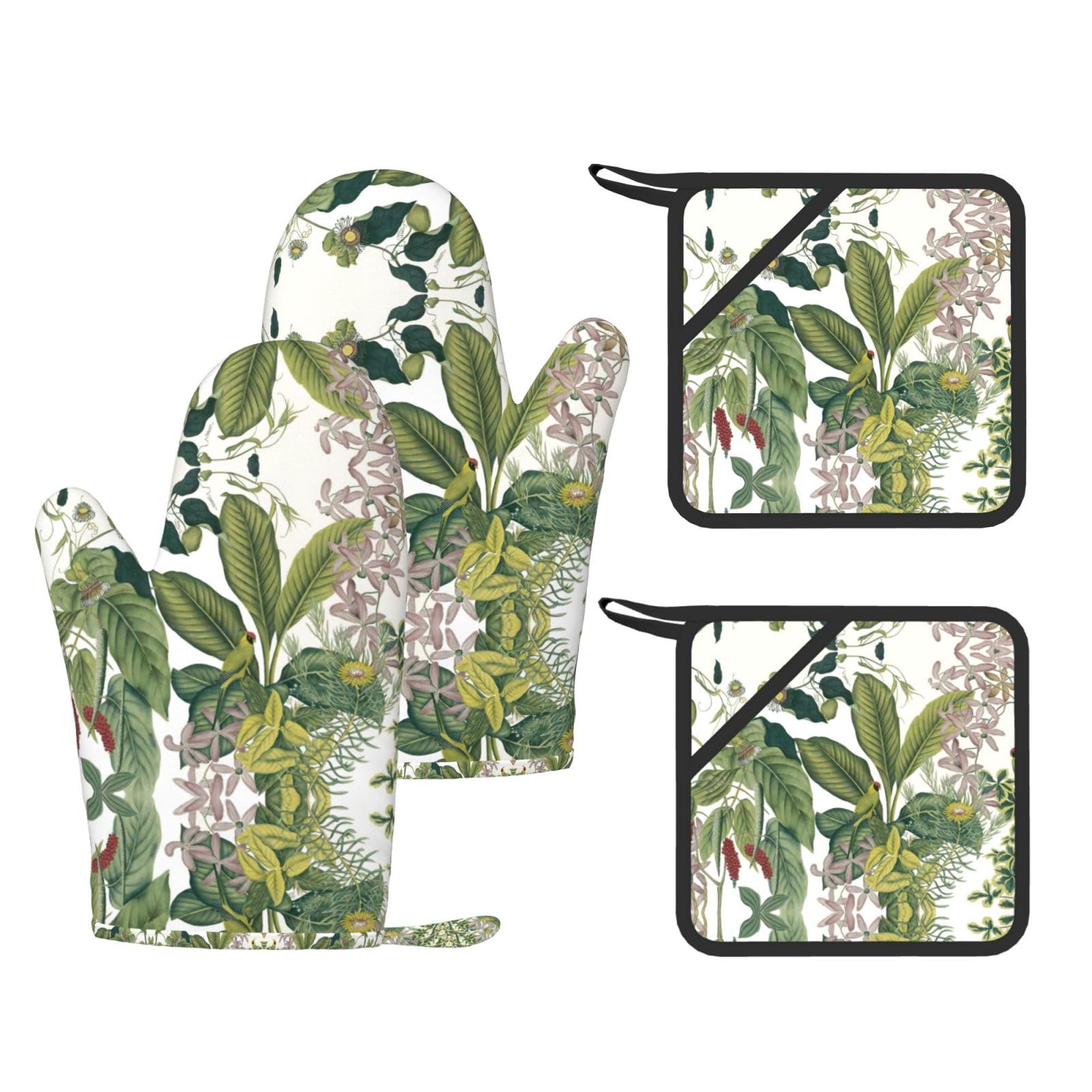Tropical Flower Leaf Parrot Fashion Printed Kitchen Kit with Heat Resistant Oven Mitts & Non-Slip Hot Pads for Baking