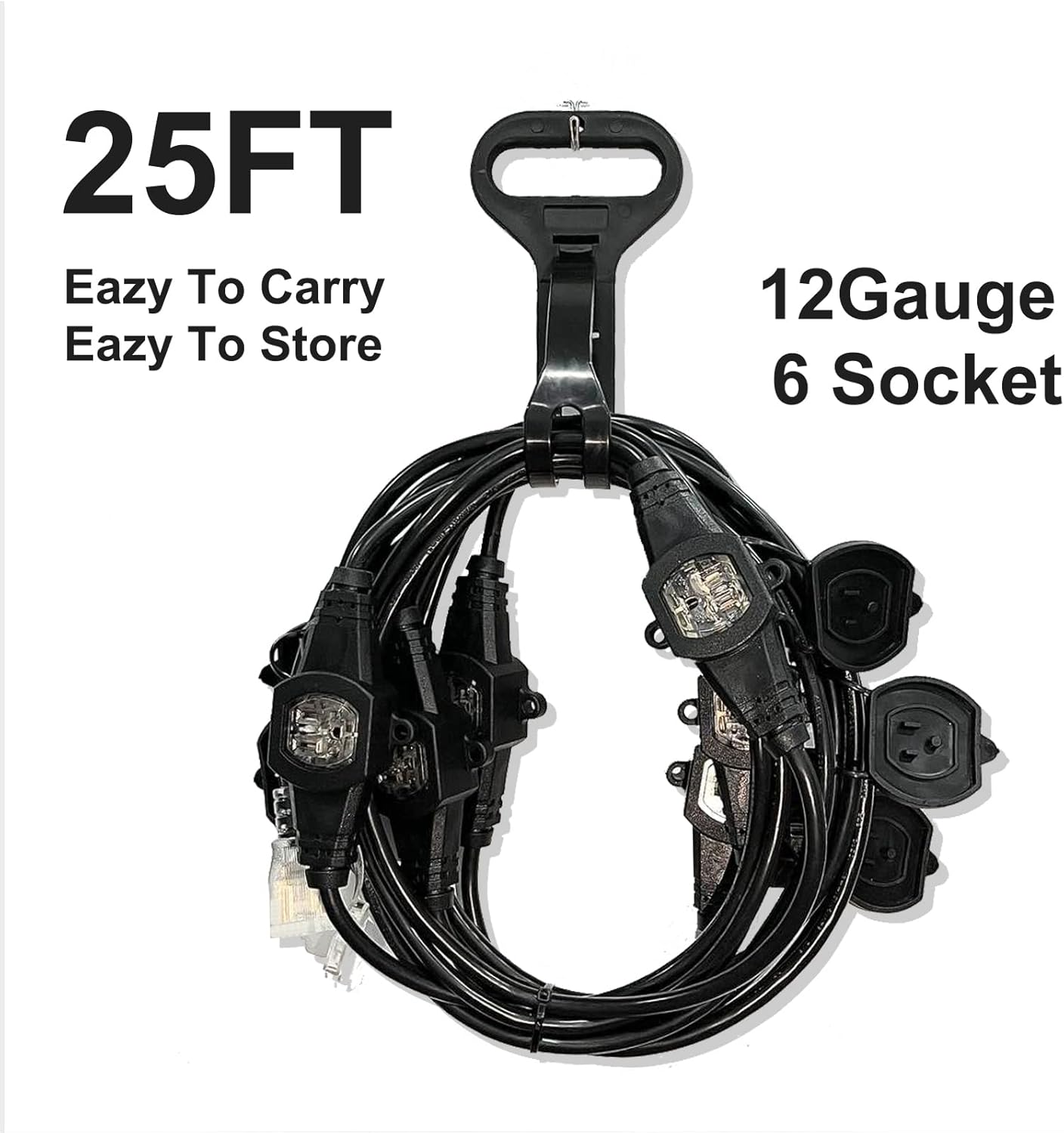 25FT Power Extension Cord 3 Prong, 16 Gauge SJTW 5-15R Cable Male Plug to Female Connector,7 Outlets Multiple Evenly-Spaced Plug,Suitable for Stage Setting or Outdoor,UL Certified Outlet Cable