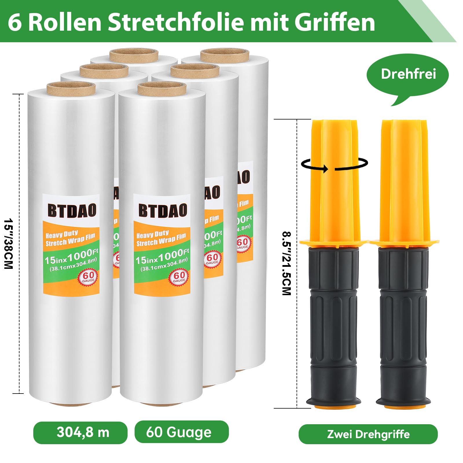 6 rotoli di pellicola elastica con 2 manici, pellicola per mobili e trasloco, 38,1 cm x 304,8 m, pellicola per pallet 60 gauge, pellicola elastica a mano, antistrappo, set da 6 rotoli