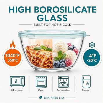Luvan Glass Mixing Bowls with Lids Set(4.5QT, 2.7QT, 1.1QT)-Large Glass Mixing Bowls, Clear Salad Bowl for Baking, Cooking, Serving, Food Prep, 3PC Nesting Bowls for Kitchen Storage & Dishwasher Safe