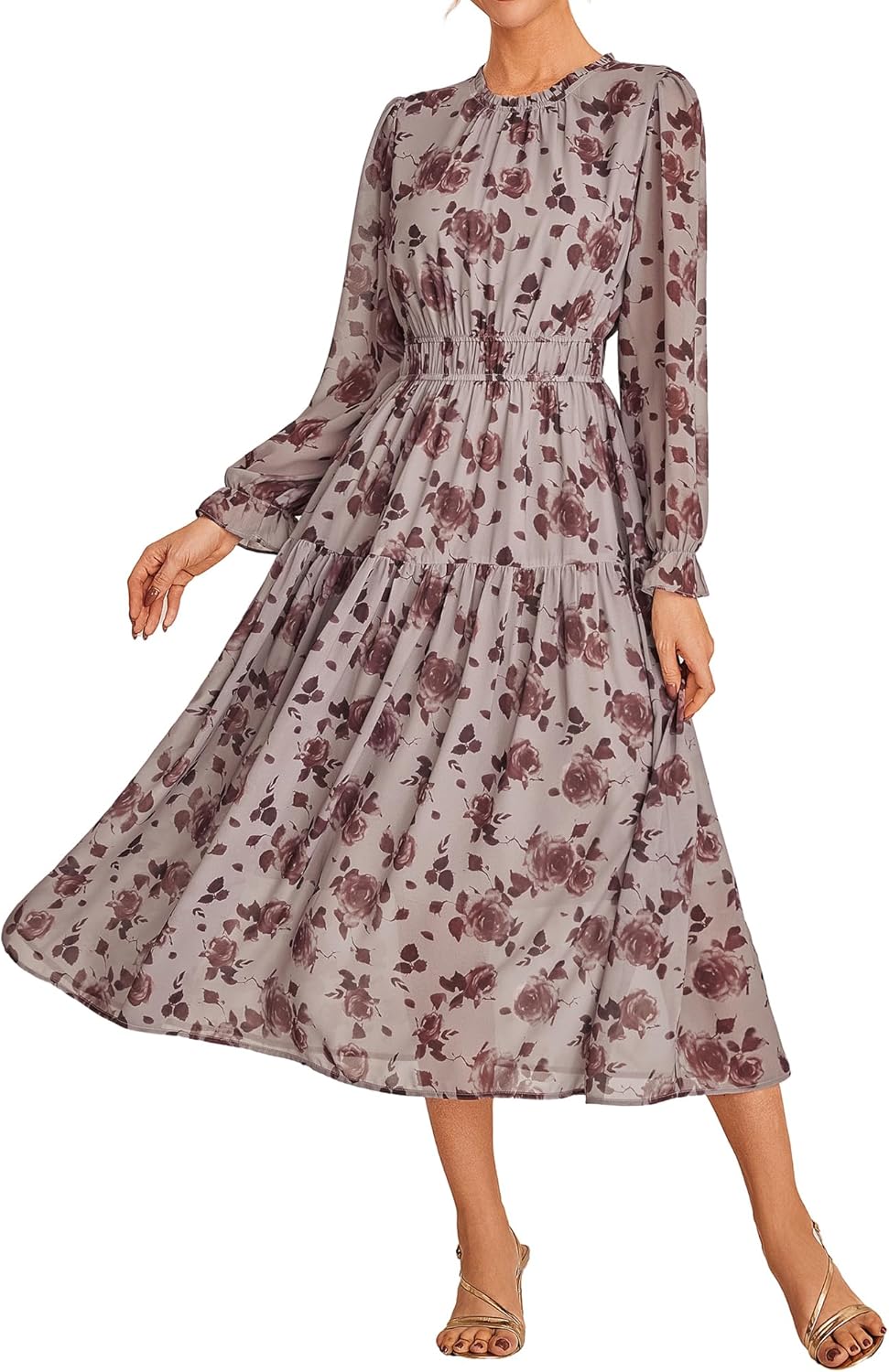 GRACE KARIN Women's Long Sleeve Maxi Dress Fall 2025 Chiffon Flowy Wedding Guest Dresses Floral Tiered Dress with Pockets