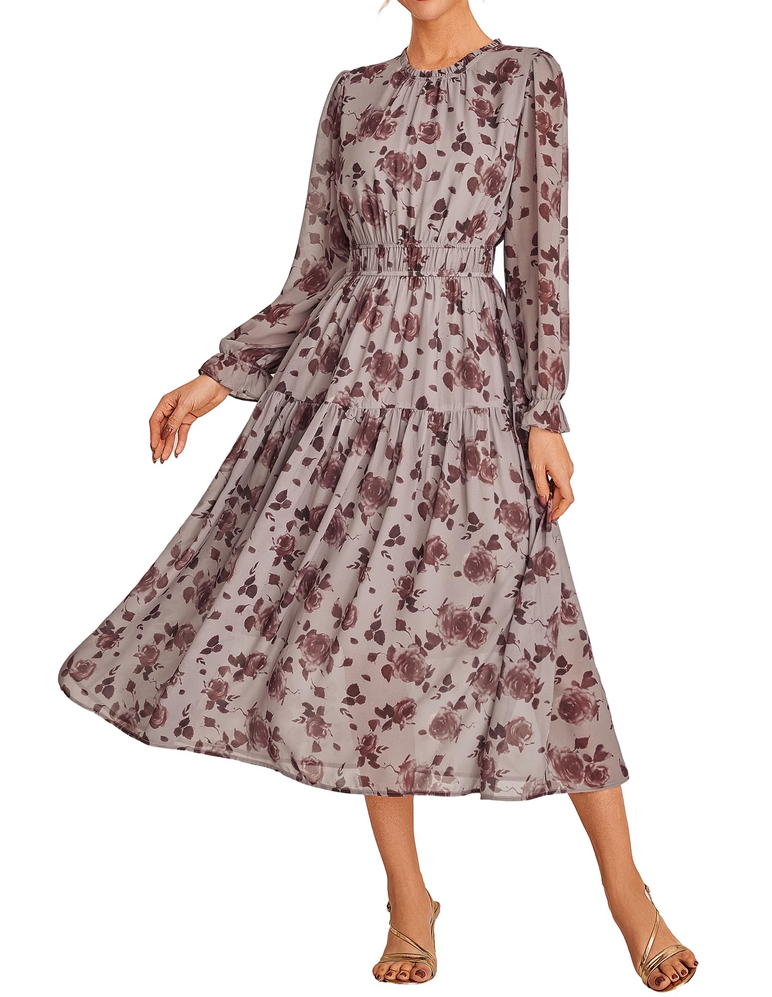 GRACE KARIN Women's Casual Fall Dresses Floral Smocked Tiered Long Dresses Wedding Guest Chiffon Dress with Pockets Khaki XL