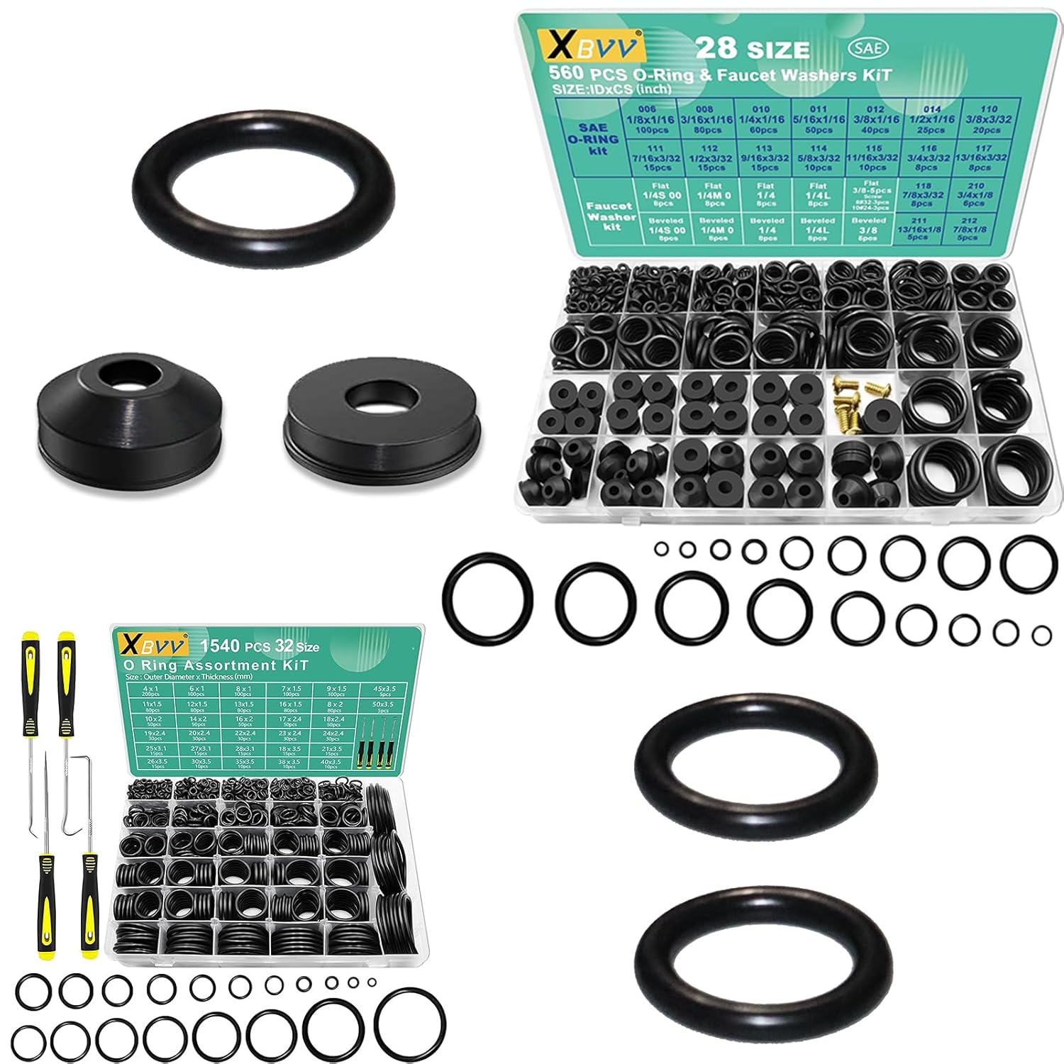XBVV 560 Pcs Faucet Washers & SAE O Ring and 1540 Pcs Metric O Ring Kit for Automotive Hydraulic Faucet Plumbing Sealing Repair(3 in1 Kit)