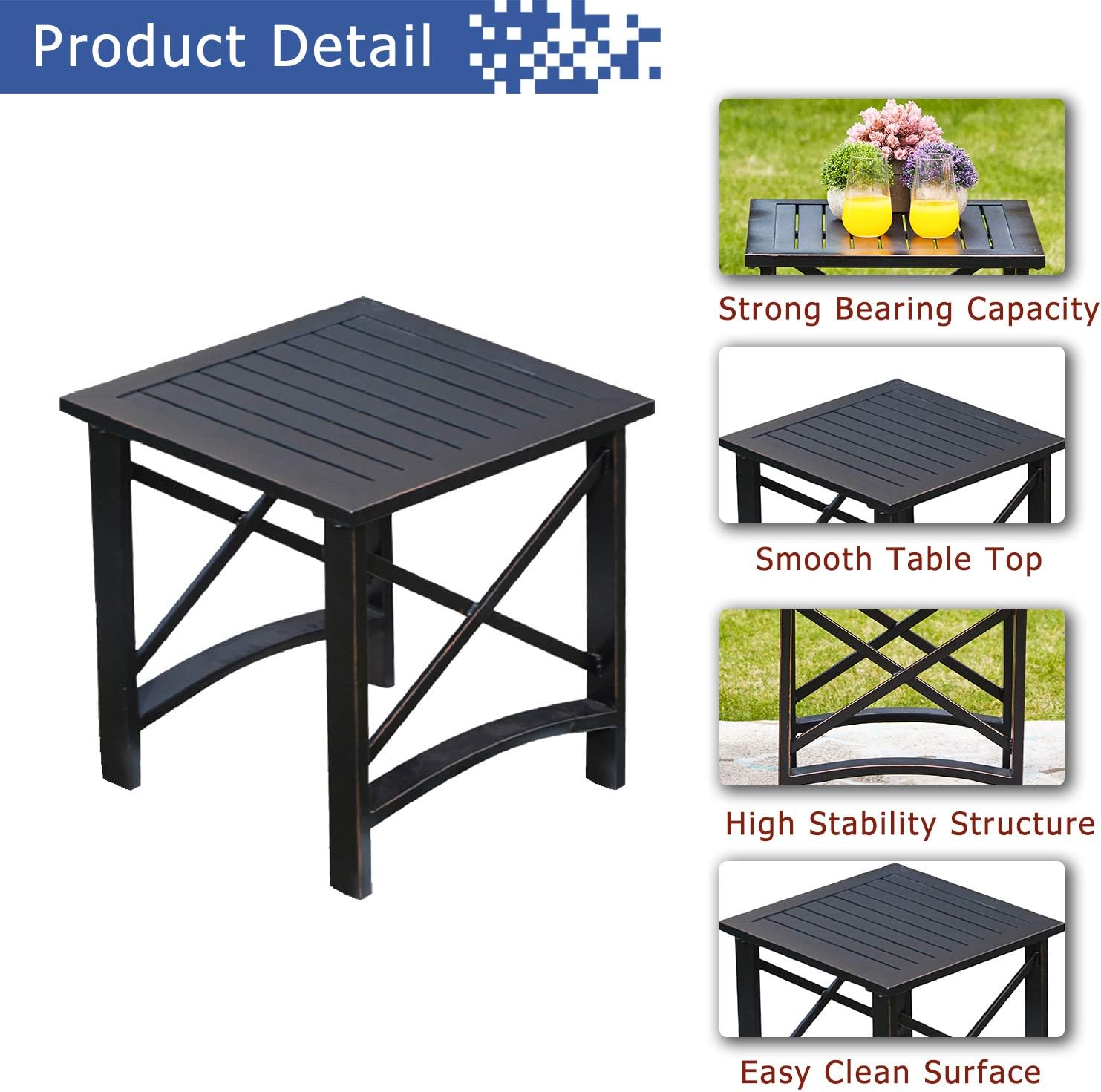 Festival Depot 3pcs Patio Bistro Set Metal Armchairs with Thick Cushions and Side Table All Weather Small Conversation Set Outdoor Furniture for Porch Balcony Deck (Blue)
