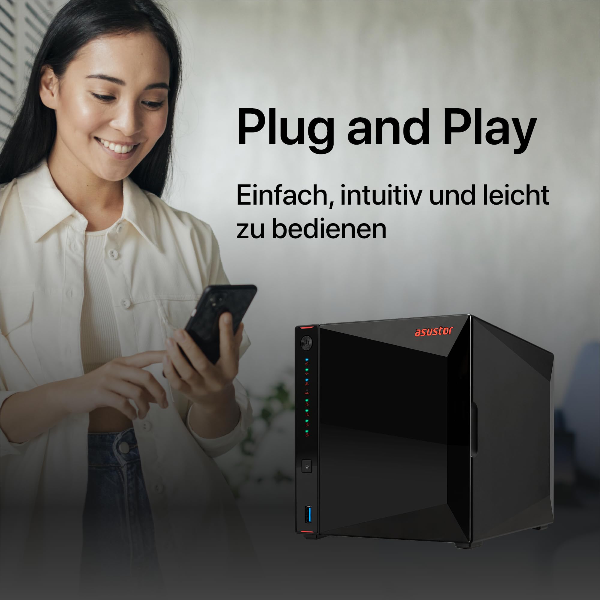 Asustor AS5404T Nimbustor 4 Gen2-4 Bay NAS Netzwerkspeicher Gehäuse, Quad-Core 2,0GHz CPU, 4xM.2 NVMe SSD Steckplätze, 2x2,5GbE Anschlüsse, 4GB DDR4 RAM, Gaming-Inspirierten NAS
