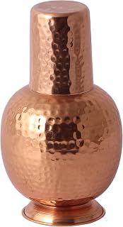 Akshata® Beautiful Copper Hammer Bedside Bottle for Room | surahi Copper Bottle with Glass | Pure Copper | 850ml | 1set Price In India