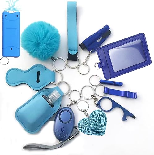 Miniatura 2 de Personal Safety Keychain Set, 13-Piece Women's Protection Kit with Alarm, ID Holder, Pom Pom, Blue