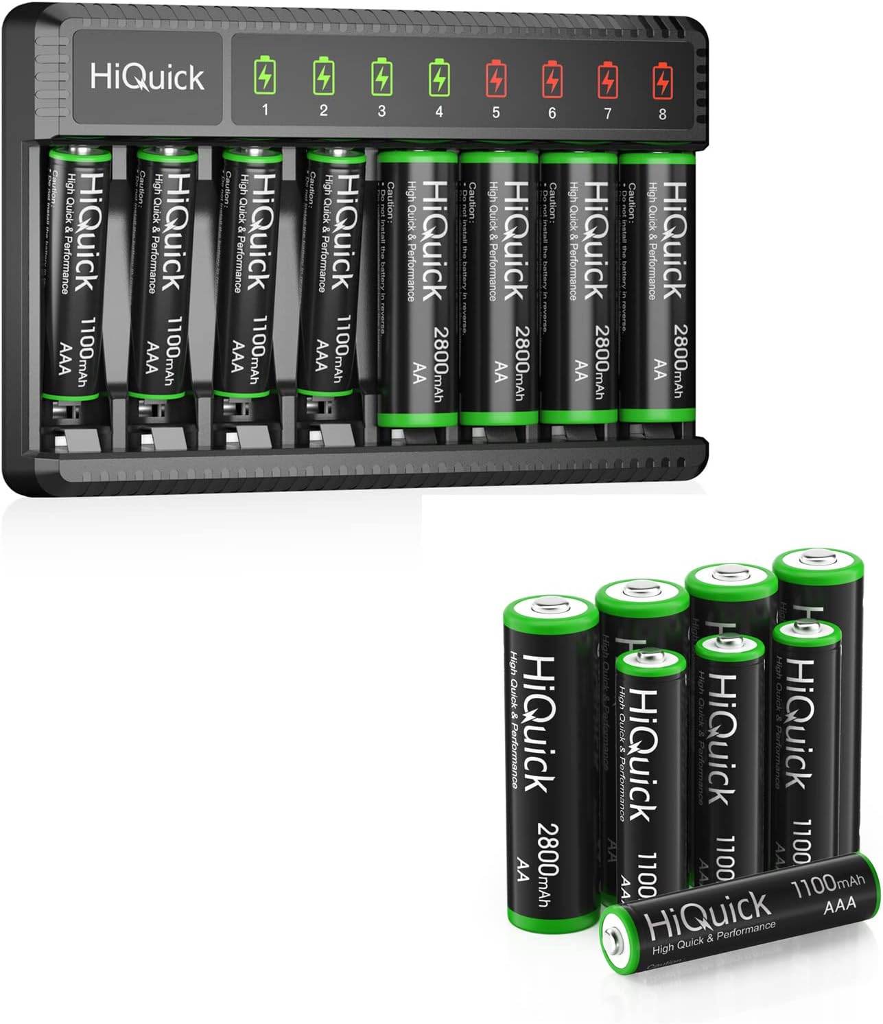 HiQuick 8 Bay Smart Battery Charger with 4AA and 4AAA Battery + 4 AA 4 AAA Rechargeable Batteries