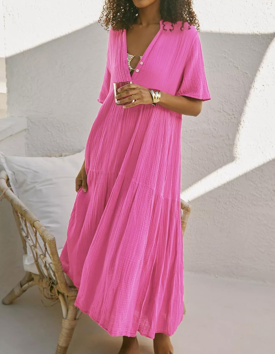 R.Vivimos Womens Summer Cotton Flowy Maxi Dress Short Sleeve V Neck Empire Waist Boho Tiered Ruffle Casual Loose Long Dresses - Image 2