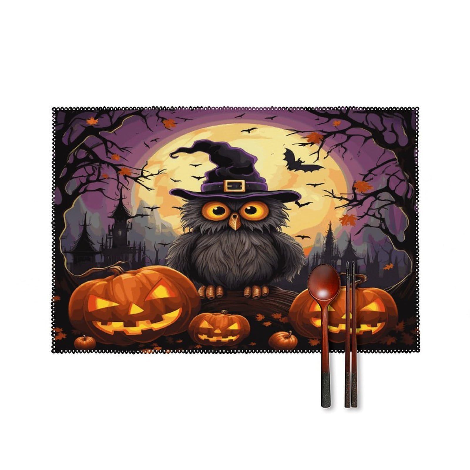 Btcowzrv Style Halloween Owl Ghost Pumpkin Canvas Placemats Set Of 6, Wipeable Washable Place Mats For Indoor & Outdoor, Table Mat Decor For Kitchen Dining Party