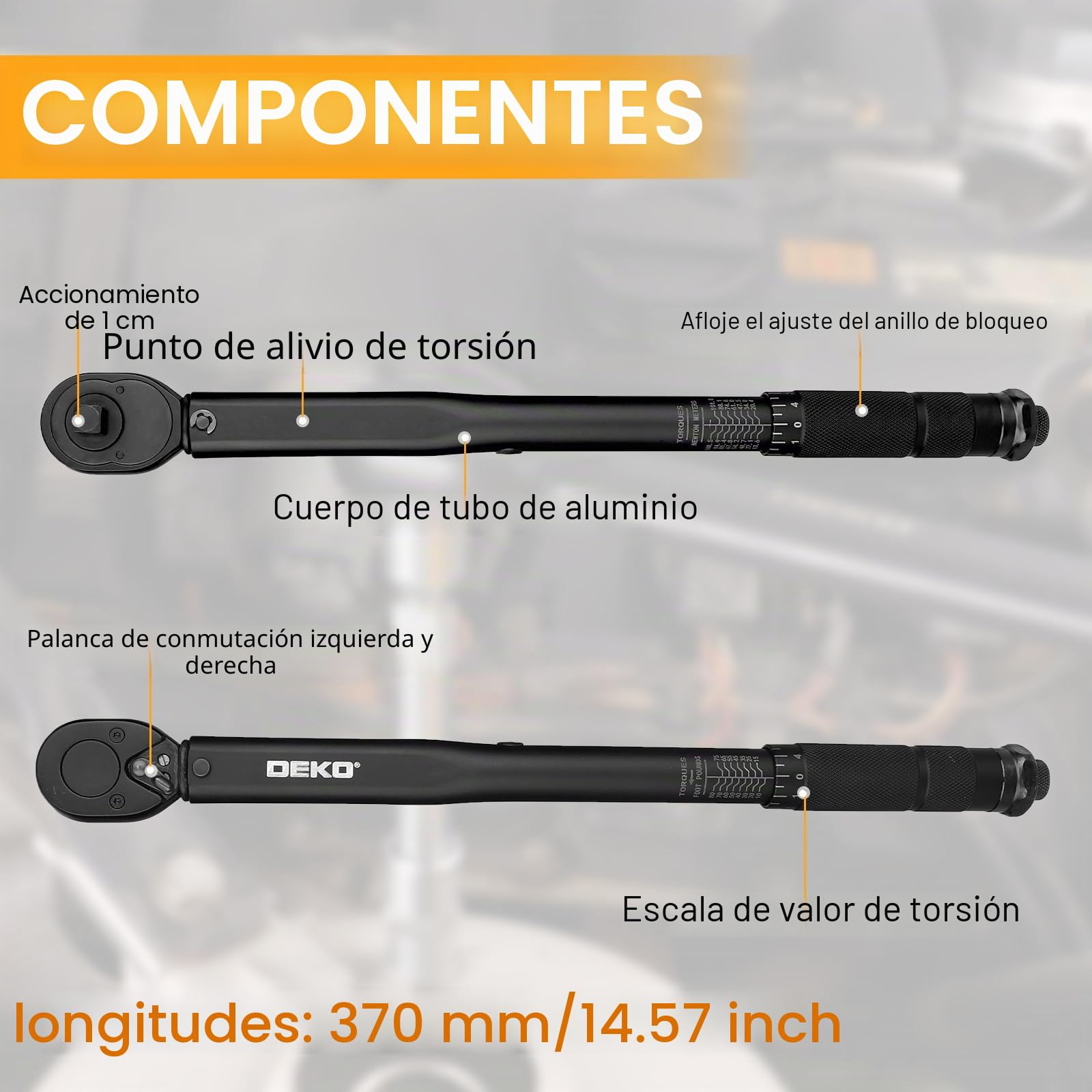 DEKOPRO Llave dinamométrica de doble dirección de 3/8 pulgadas, rango de 10-80 pies-libra y rango de 13.6-108.5 Nm, precisión de ±4%, trinquete de cromo vanadio de 24 dientes, mango mate