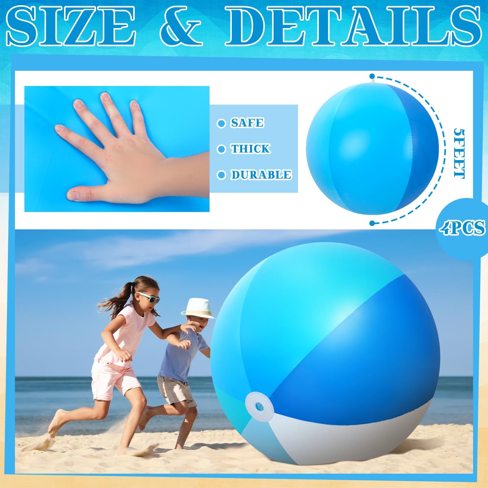 Pelotas inflables de playa grandes de 5 pies de 5 pies, bolas gigantes de juguete de piscina, juguetes de natación de verano, fiestas, bola gigante de plástico de PVC para adultos y familia, 2