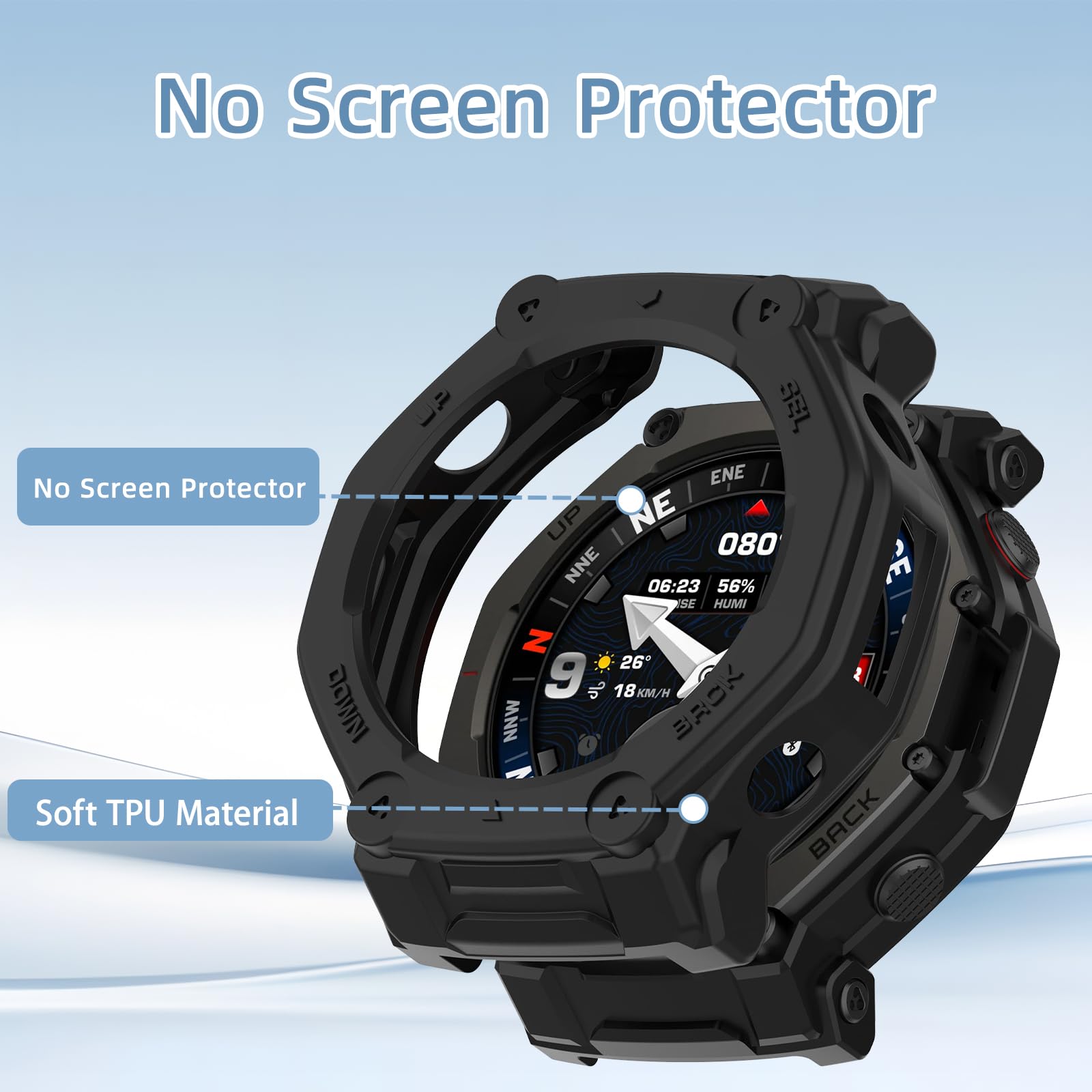ZoRoll Etui ochronne z tworzywa TPU do Amazfit T-Rex 3 Pro 48 mm, odporne na upadki, miękkie silikonowe etui ochronne, kompatybilne z Amazfit T-Rex 3 Pro 48 mm, czarne