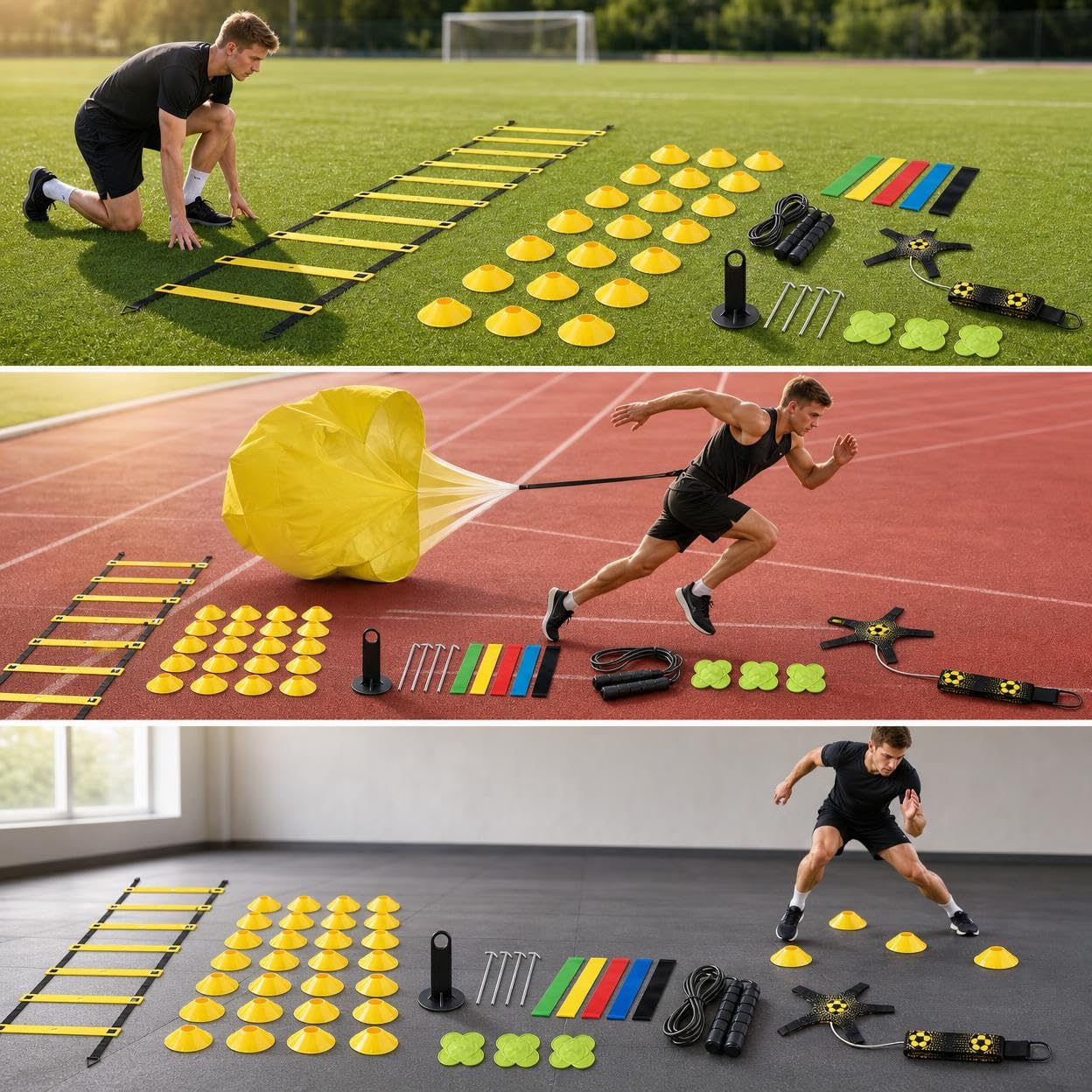 Attrezzatura Calcio Set Allenamento con Agilità Ostacoli Coni Marker Piatta Paracadute Resistenza in PP con Cintura Vita Adatta per Preparazione