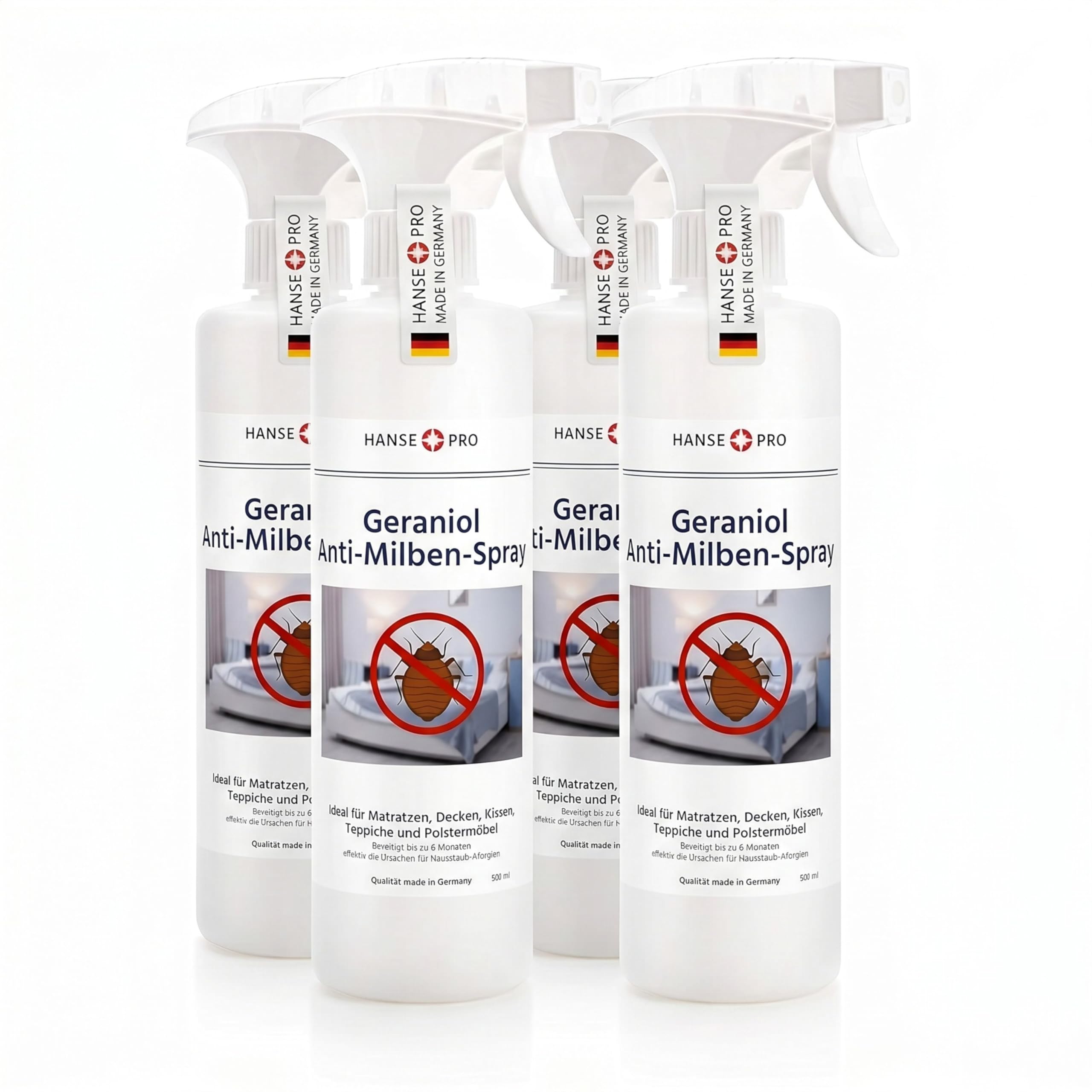 HANSE PRO Geraniol Anti-Milben-Spray I Hausstaub-Milben-Spray I Milbenschutz I Mittel gegen Bettwanzen & Milben I Hausstaubmilben-Allergie I Milben-Bekämpfung (4 x 500ml)