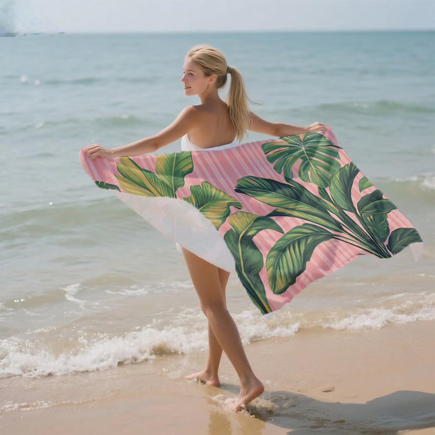 Mikrofaser Strandtuch Große 150x200, Saugfahig und Schnelltrocknendes Badetuch Praktisch und Leicht Sandfrei Badetuch Damen, Herren Reise Strandtuch Ideal für Strand, Reise, Schwimmen (Rosa Blatt) E-7