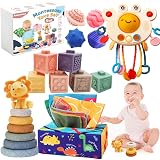 Juguetes Sensoriales Educativos Montessori, 5 en 1, Bloques Apilables, Caja de pañuelos, Regalo para Bebes y Niños de 6 meses a 3 Años
