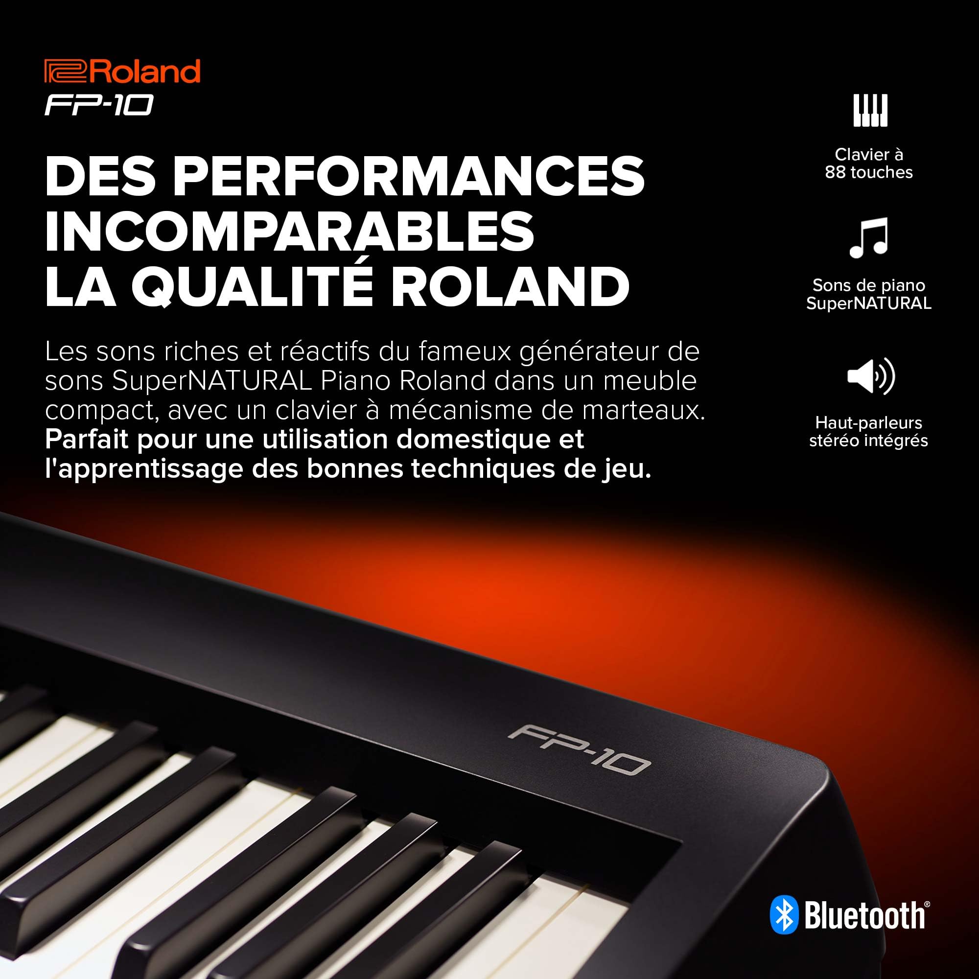 FP-10 Roland – Piano numérique à 88 touches avec sons SuperNATURAL Piano et clavier à toucher acoustique authentique | Simple d'utilisation | Idéal pour la maison et pour l'apprentissage