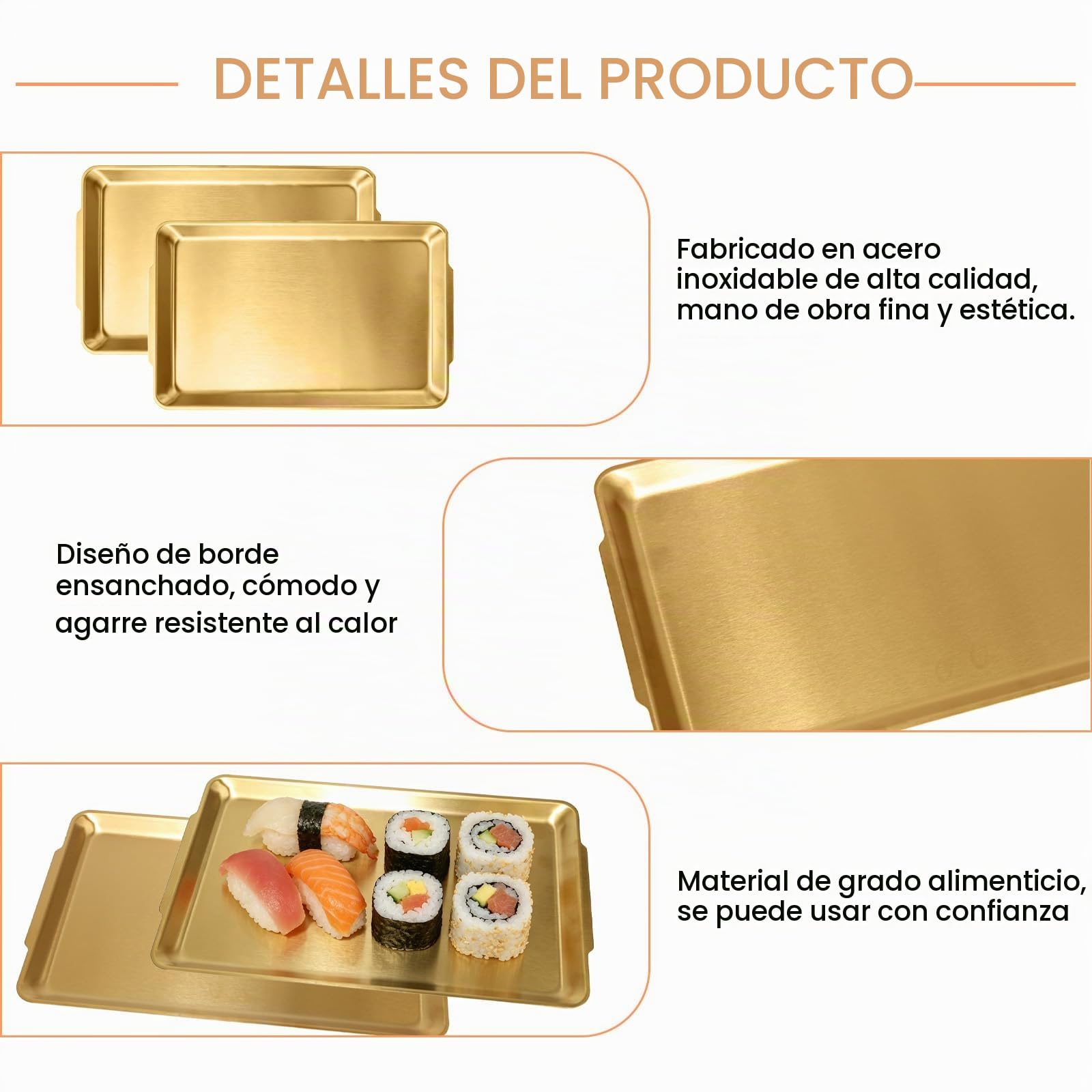3 Piezas Bandeja Dorada Rectangular de Acero Inoxidable Plato Dorado Grande Bandeja Servir Rectangular Plato Acero Inoxidable Grande para Barbacoa Comedor Fiesta Bufé Camping (40 x 24 x 1.6 cm)