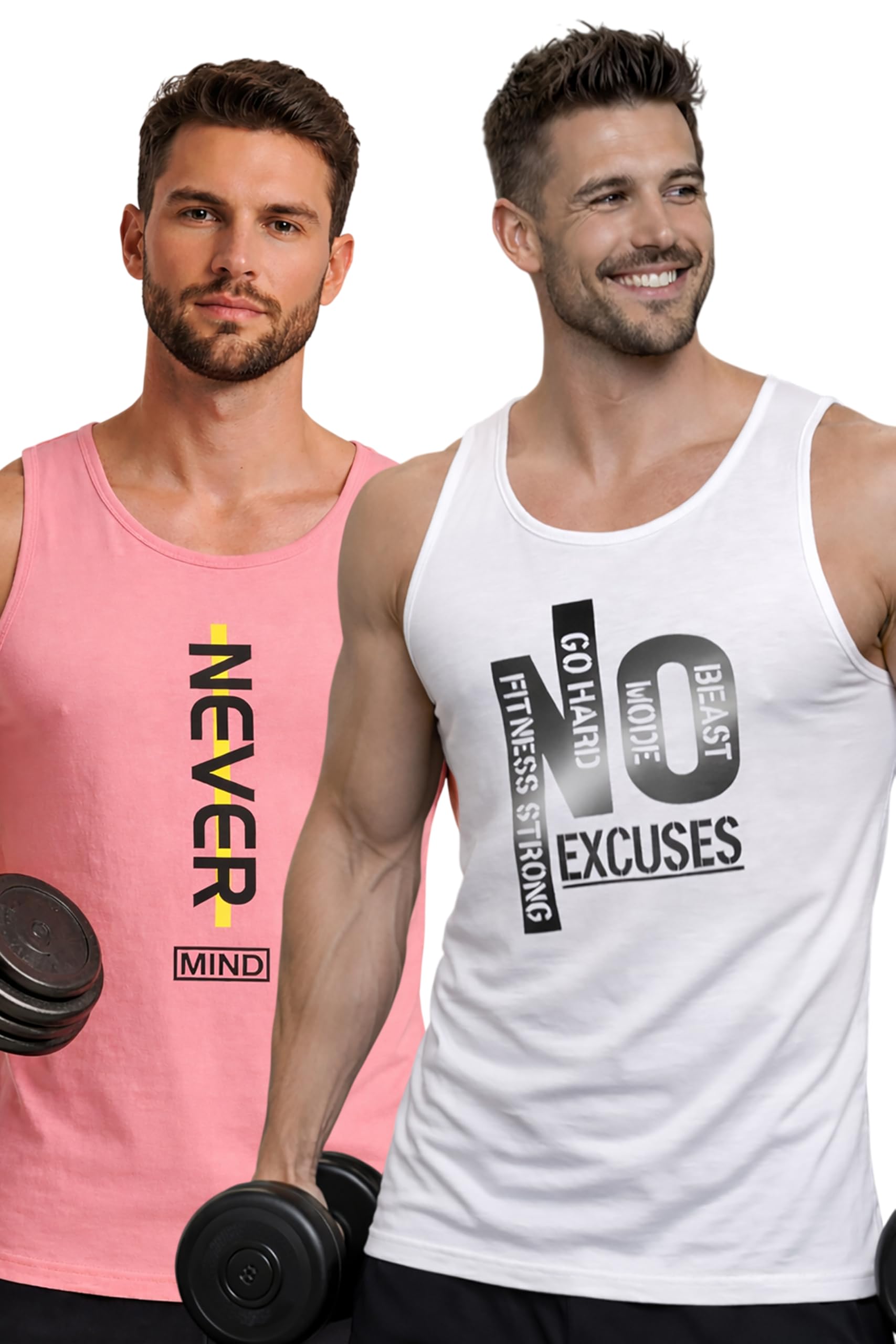 Polyester Letter Printed Vest for Men - Pack of 2 - White & Pink | Round Neck | Sleeveless | Regular Fit | Summer & Gym Wear Tank Top for Men-image-49