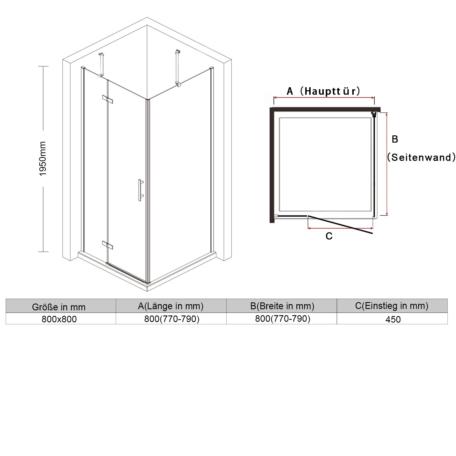 Kabina prysznicowa 80 x 80 cm kabina prysznicowa wejście narożne drzwi prysznicowe ściana boczna prysznic drzwi zawiasowe 6 mm ESG z brodzikiem 80 x 80 cm