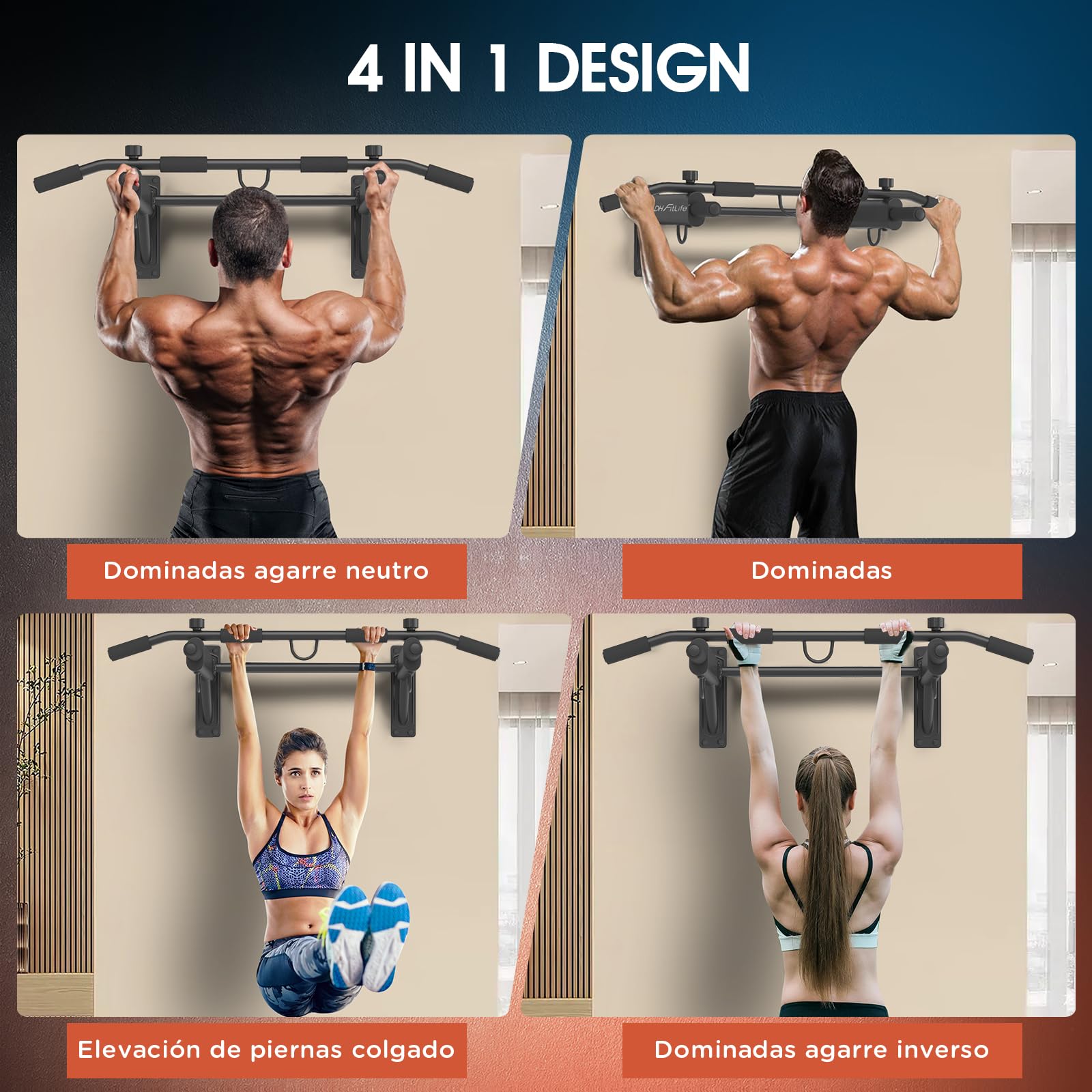 DH FitLife Barra de Dominadas Pared 4 en 1 con Tacos de Expansión | Pull-Up Bar Multifuncional para Casa | Hasta 200 kg | 6 Asas Antideslizantes | 3 Ojales para Saco de Boxeo y Cintas de Suspensión