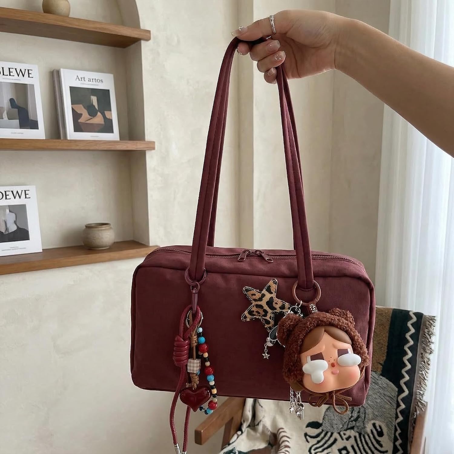 FASTFAIRY Slouchy Lightweight Bowler Bag: East-West Design With Charm Loop - Everyday Use Outings