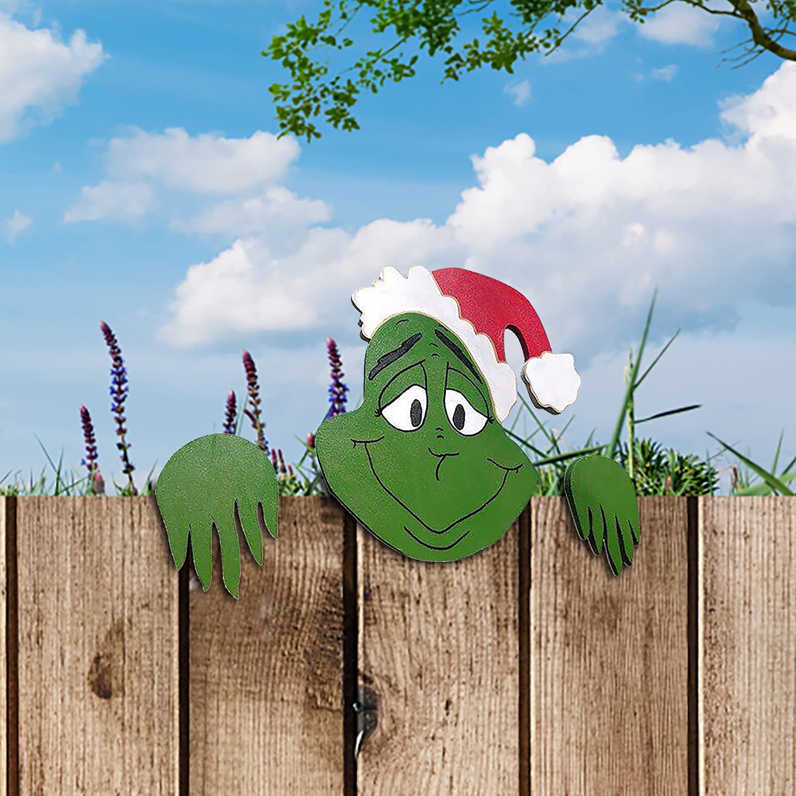 Christmas Santa Claus Fence Peeker Decoration, Reindeer Peeking Garden Yard Art Xmas Home Patio DIY Holiday Decor Outdoor Cute Garden Fence Sign Ornament (E-Grinch, 1PC)