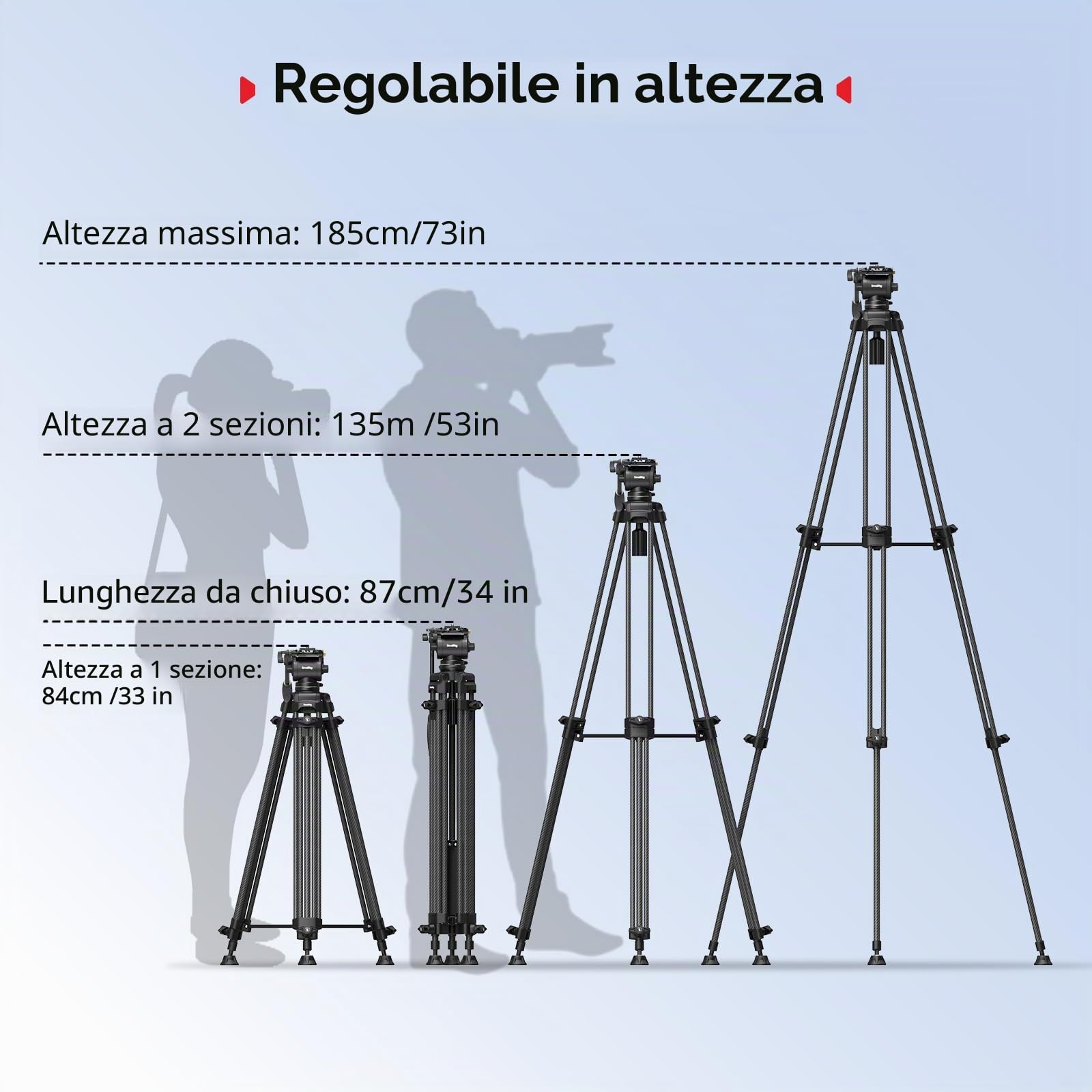 SMALLRIG Treppiede video in lega di alluminio per impieghi gravosi da 73''/186 cm, carico massimo 8 kg, testa fluida con inclinazione da +85° a -78°, peso del treppiede da viaggio compatto 3,1 kg-5441