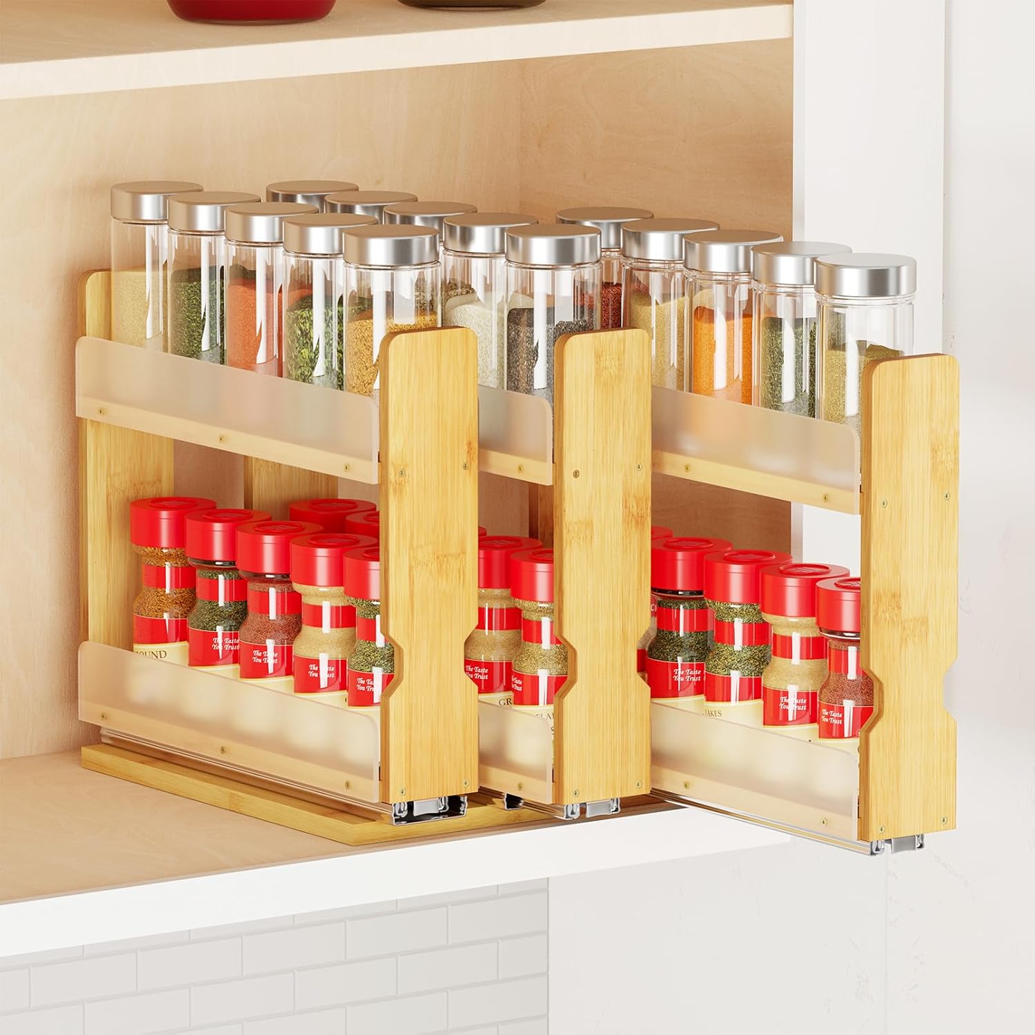 Bamboo Spice Rack Organizer with 3 Drawers – Slide-Out Cabinet Storage