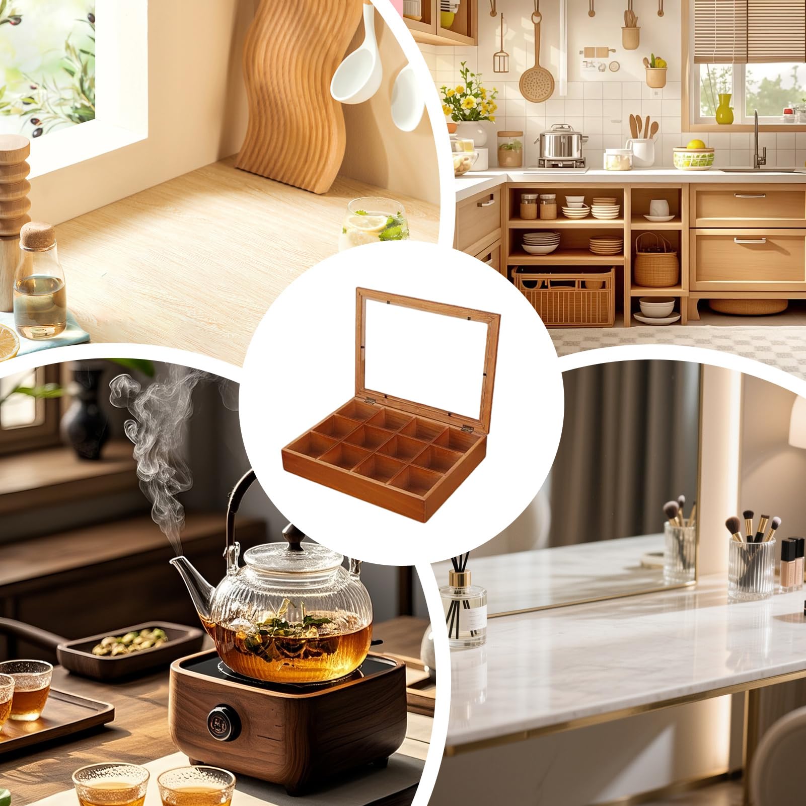Porta Bolsitas de Té Bandejas de Madera con 12 Compartimentos | Organizador De Paquetes De Té Con Tapa Transparente Para Cocina Hogar Café Despensa Oficina Cafetería Paquetes De Snack