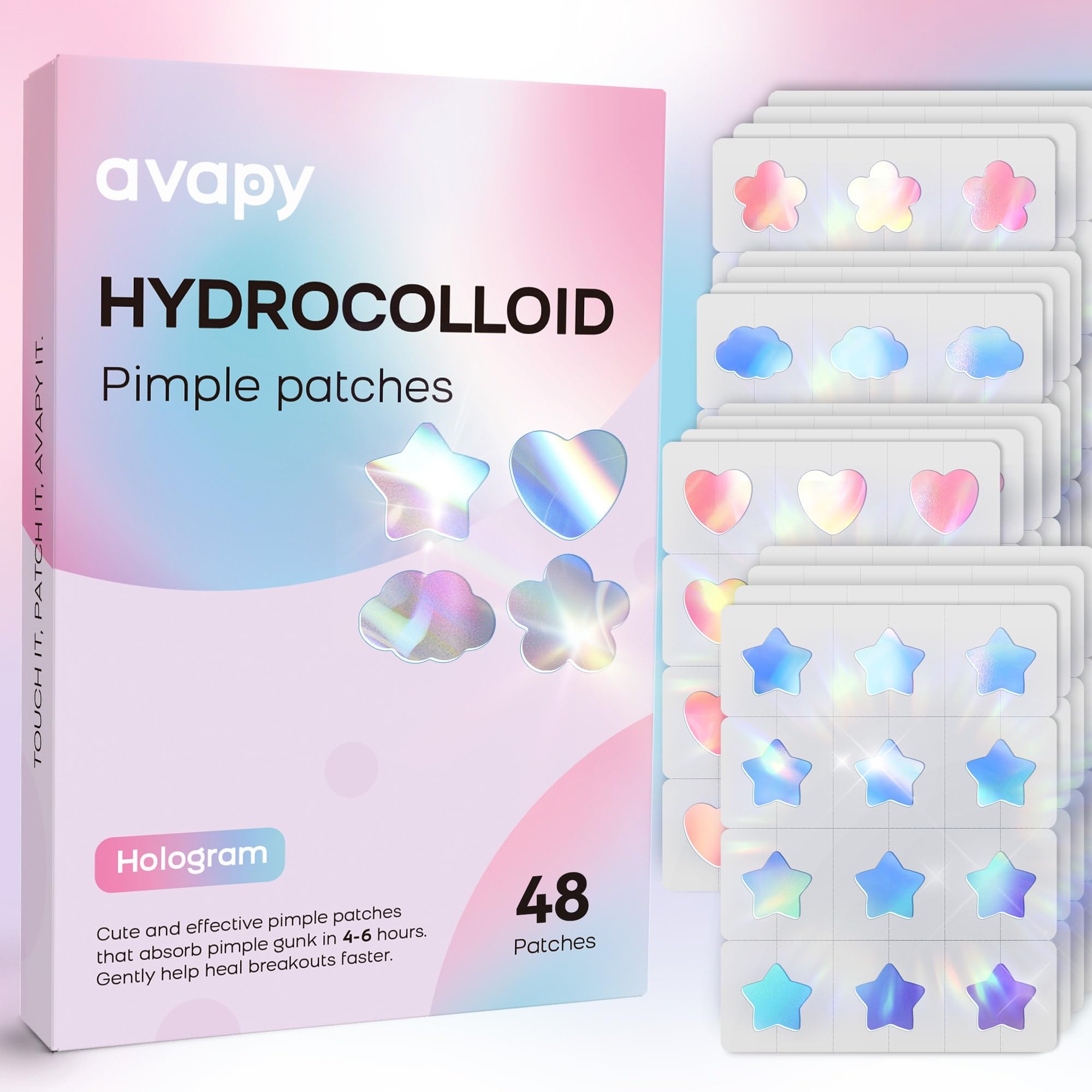 AVAPY Pimple Patches for Face, Cute Hydrocolloid Acne Patches, Colorful Hologram Star Sport Stickers, Zits & Blemish, Pimple Patch with Salicylic Acid, Blue Pink Heart Cloud Flower (48 Count)