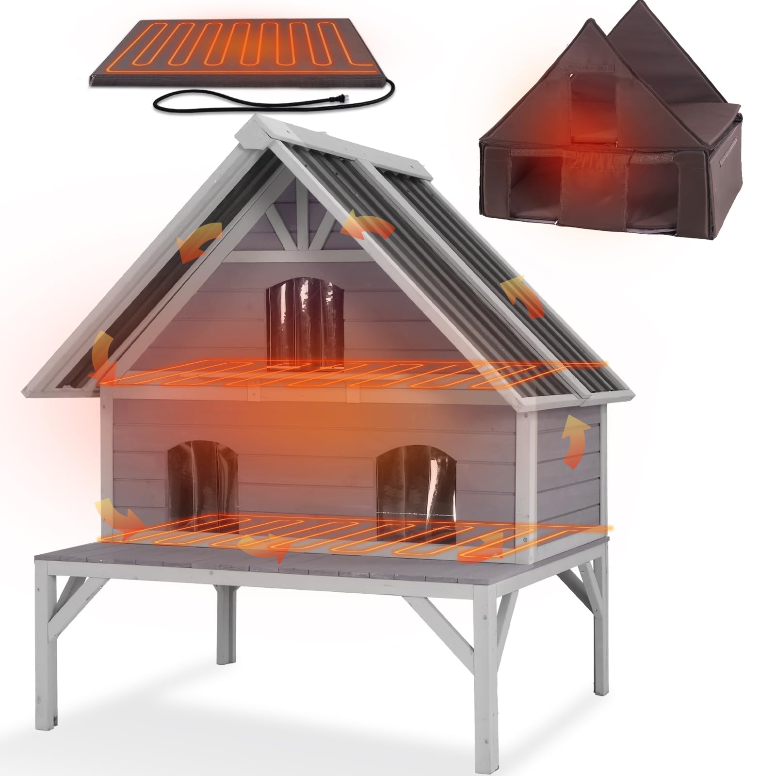 GUTINNEEN Heated Cat House for Outside Outdoor Cat House Insulated with Heated Pad, Insulated Liner, 2 Seperate Level Large Wooden Shelter with Three Escape Doors for Multiple Cats Grey