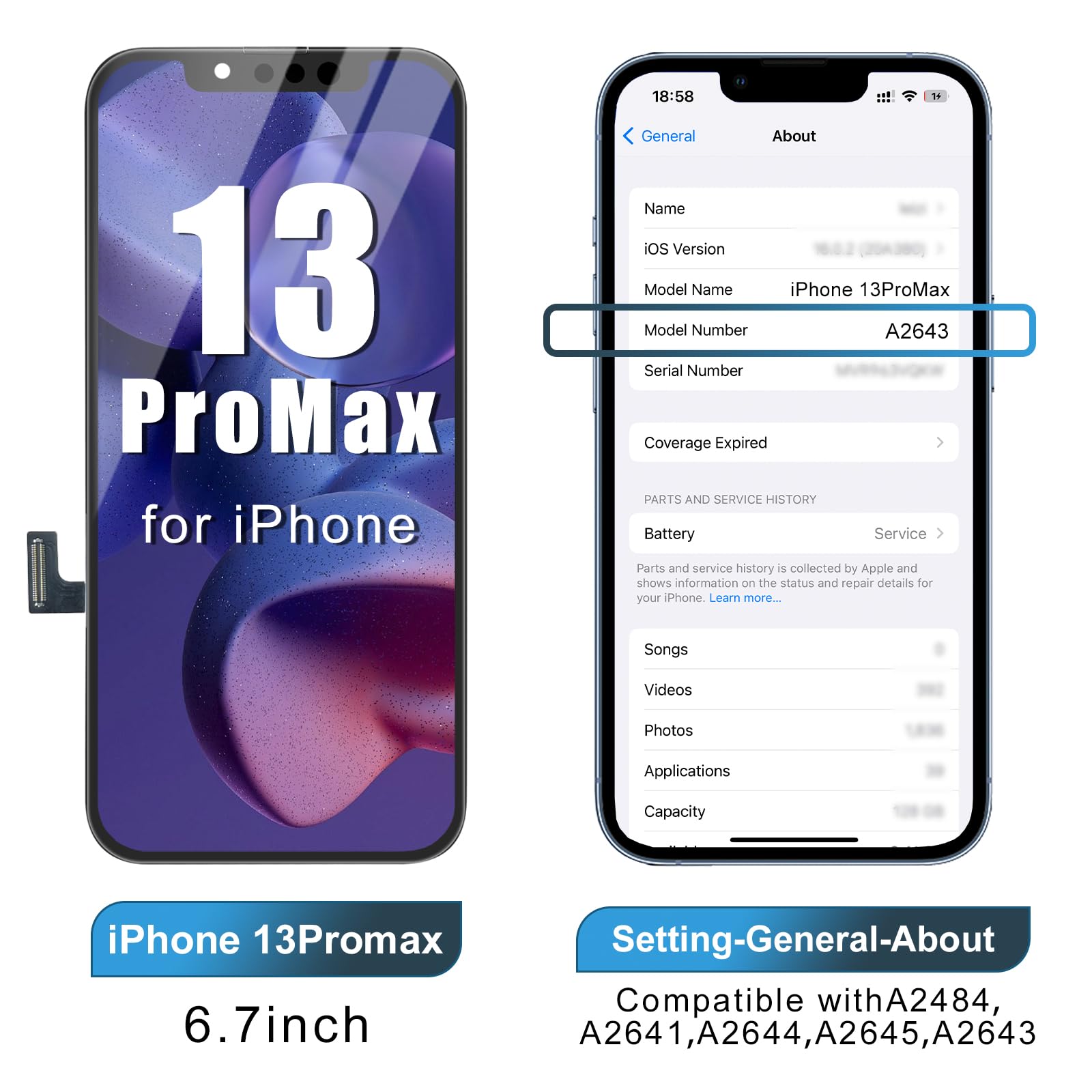 Dinow Pantalla para iPhone 13 Pro Max, pantalla LCD de 6.7” para 13 Pro Max, Pantalla para iPhone 13 ProMax LCD de repuesto con kit de reparación, Compatible con el A2643, A2484, A2641, A2644, A2645