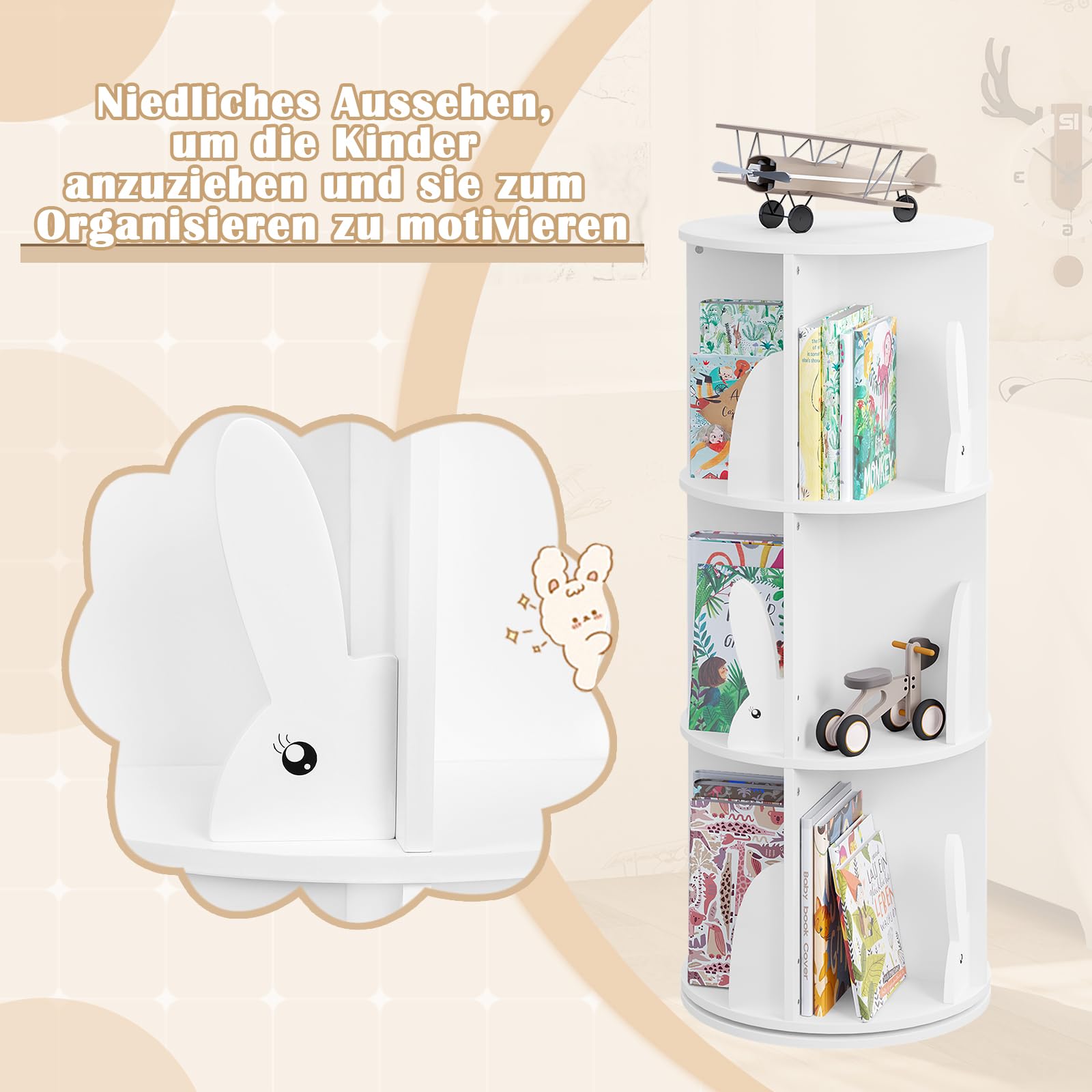 WOLTU Bücherregal Kinder, drehbares Kinderregal mit 3 Ebenen, Bücher Regal Kinderzimmer Wohnzimmer, Drehregal Spielzeugregal Kinderbücherregal Standregal, freistehend, Weiß