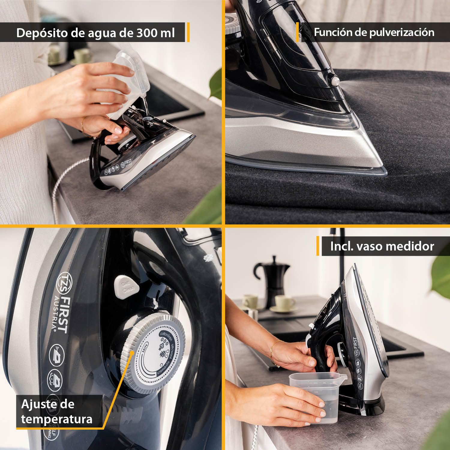 TZS First Austria - Plancha de Vapor 2720W - 300ml - 32 Salidas de Vapor - 30g/min Vapor & Golpe de Vapor 1g - Suela Cerámica - Antical, Vapor Vertical & Autolimpieza - Negro